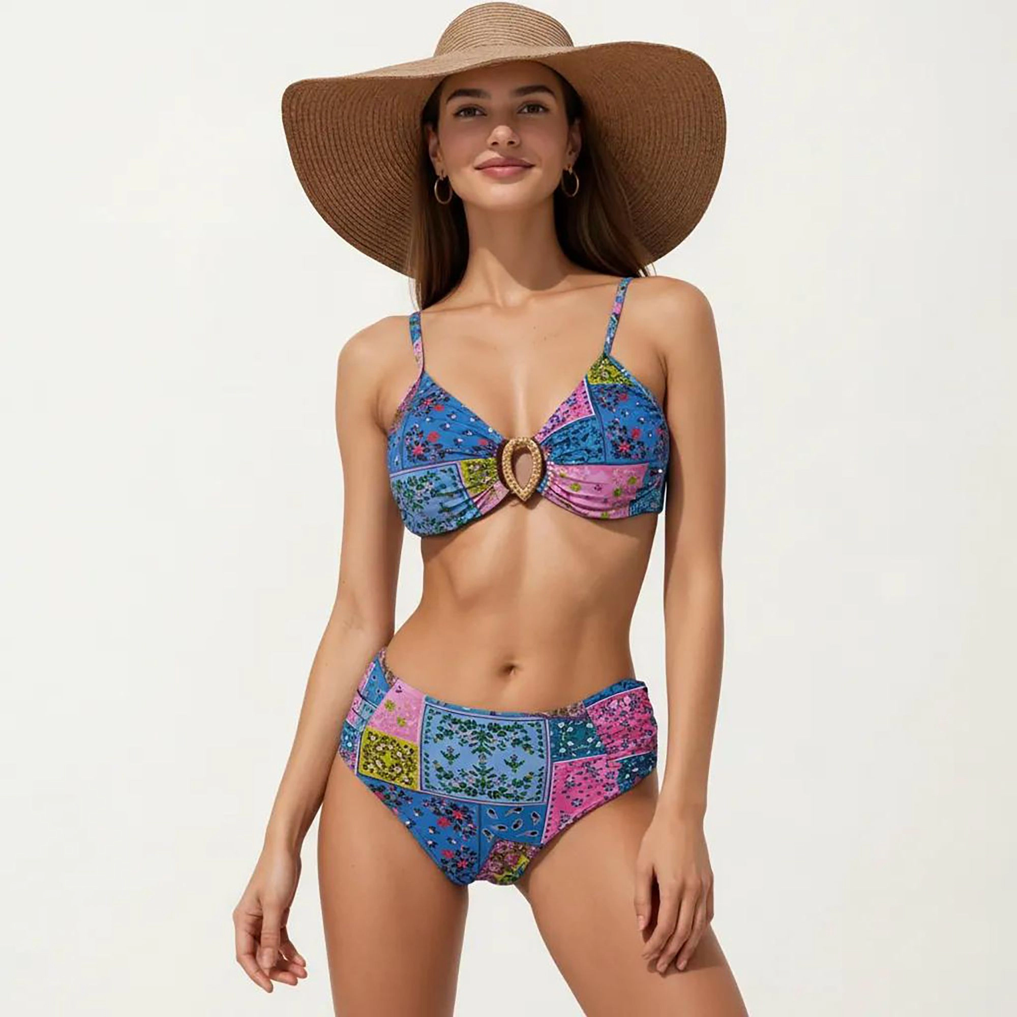 Anna-Kaci Women's 2-Piece Patchwork Bikini Set with Ring Detail Top and High-Waist Shirred Bottoms