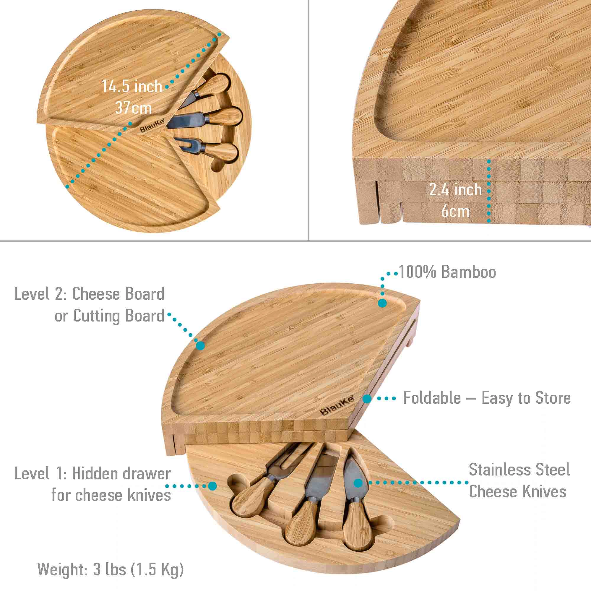 Bamboo Cheese Board and Knife Set - Charcuterie Board with Slide-Out Drawer - Serving Platter, Serving Tray - Gift Idea
