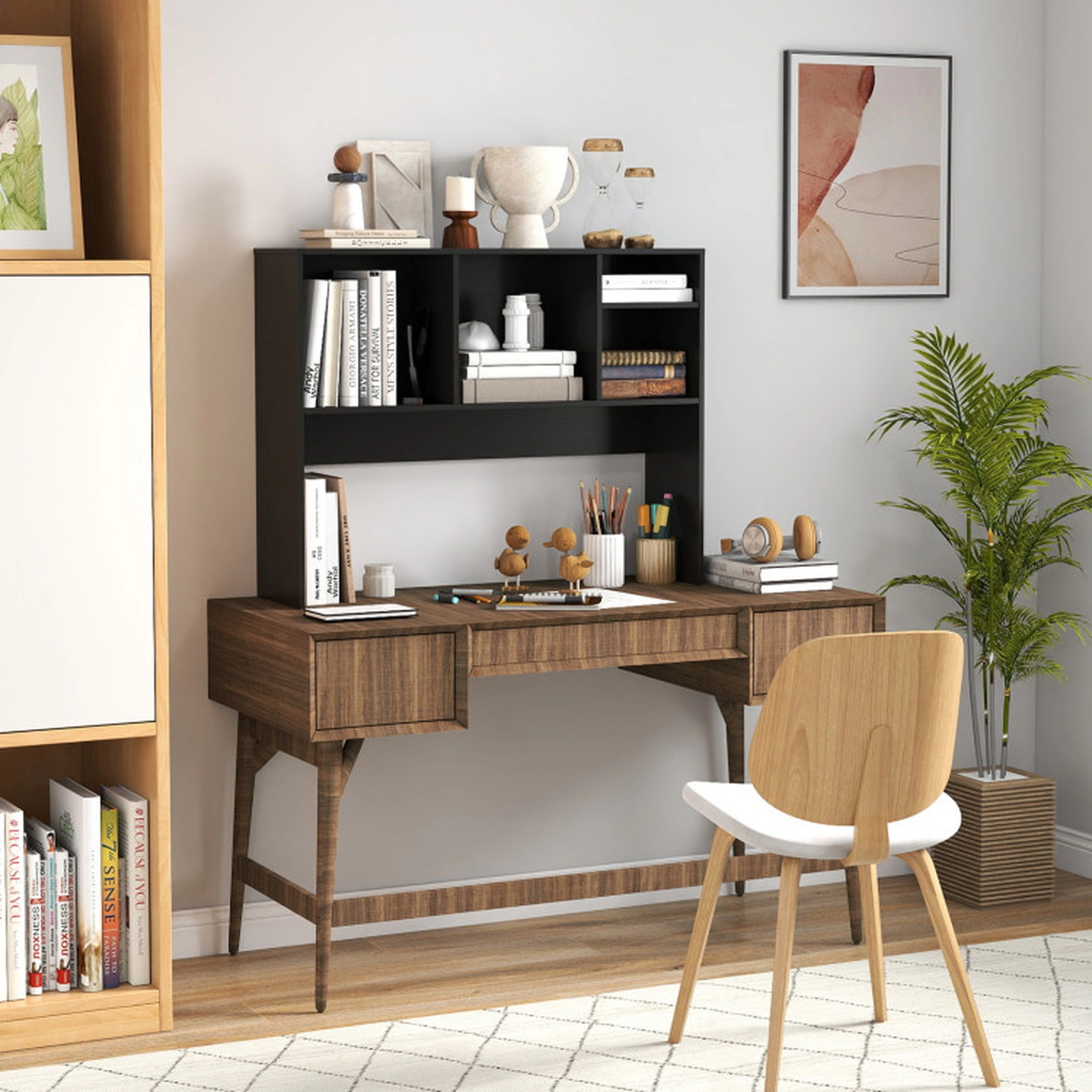 SUGIFT 4-Cubby Natural Desktop Bookshelf Hutch with Open Back Bay 37-in W 29-in H 145-lb Total Capacity