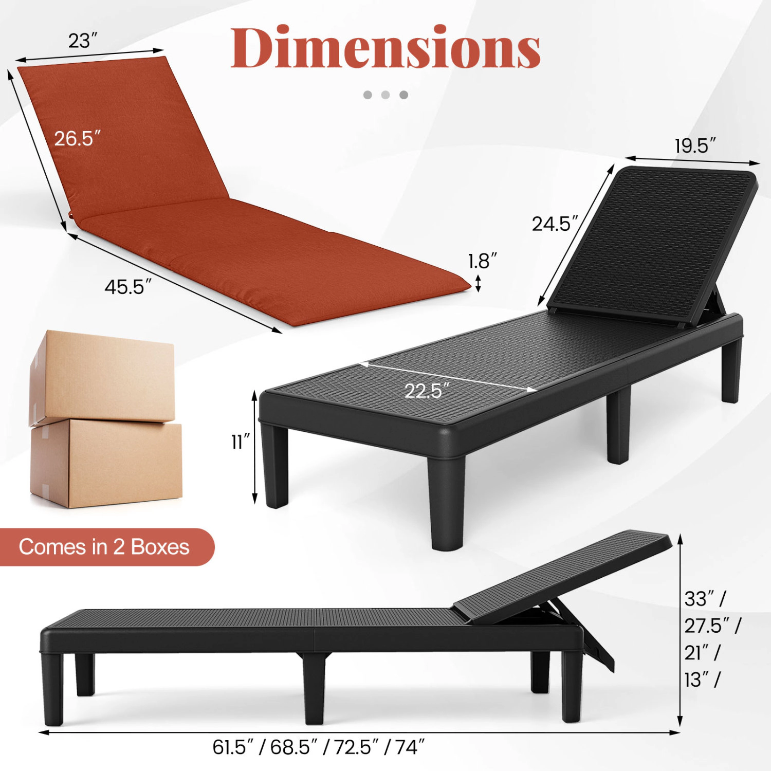 LJG Patio Lounge Chair 3-Position Adjustable Backrest and Cushion