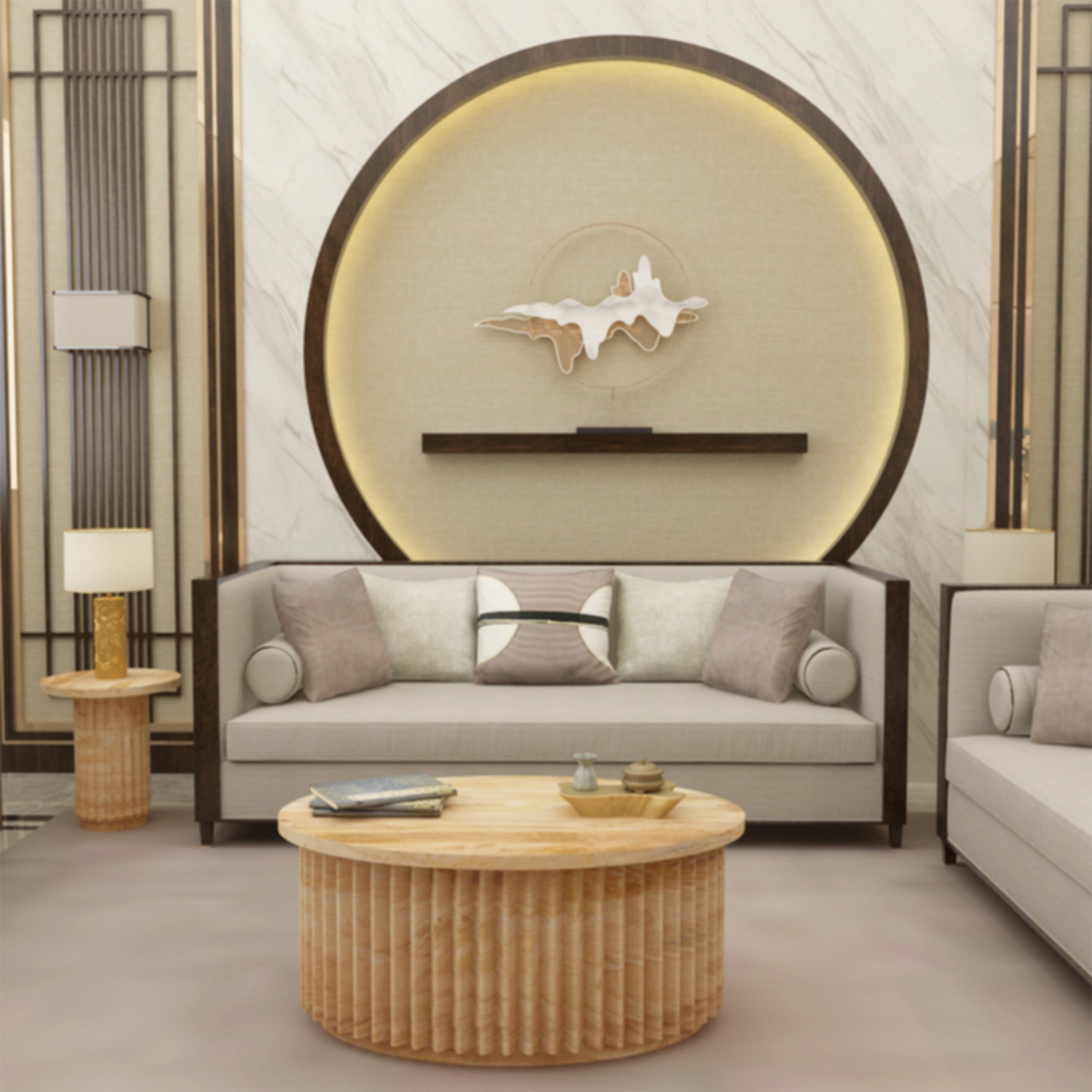 The Urban Port Muna Coffee Table, 36 Inch Oval, Handcrafted Mango Wood, Reeded Base with Hidden Storage, Natural Brown