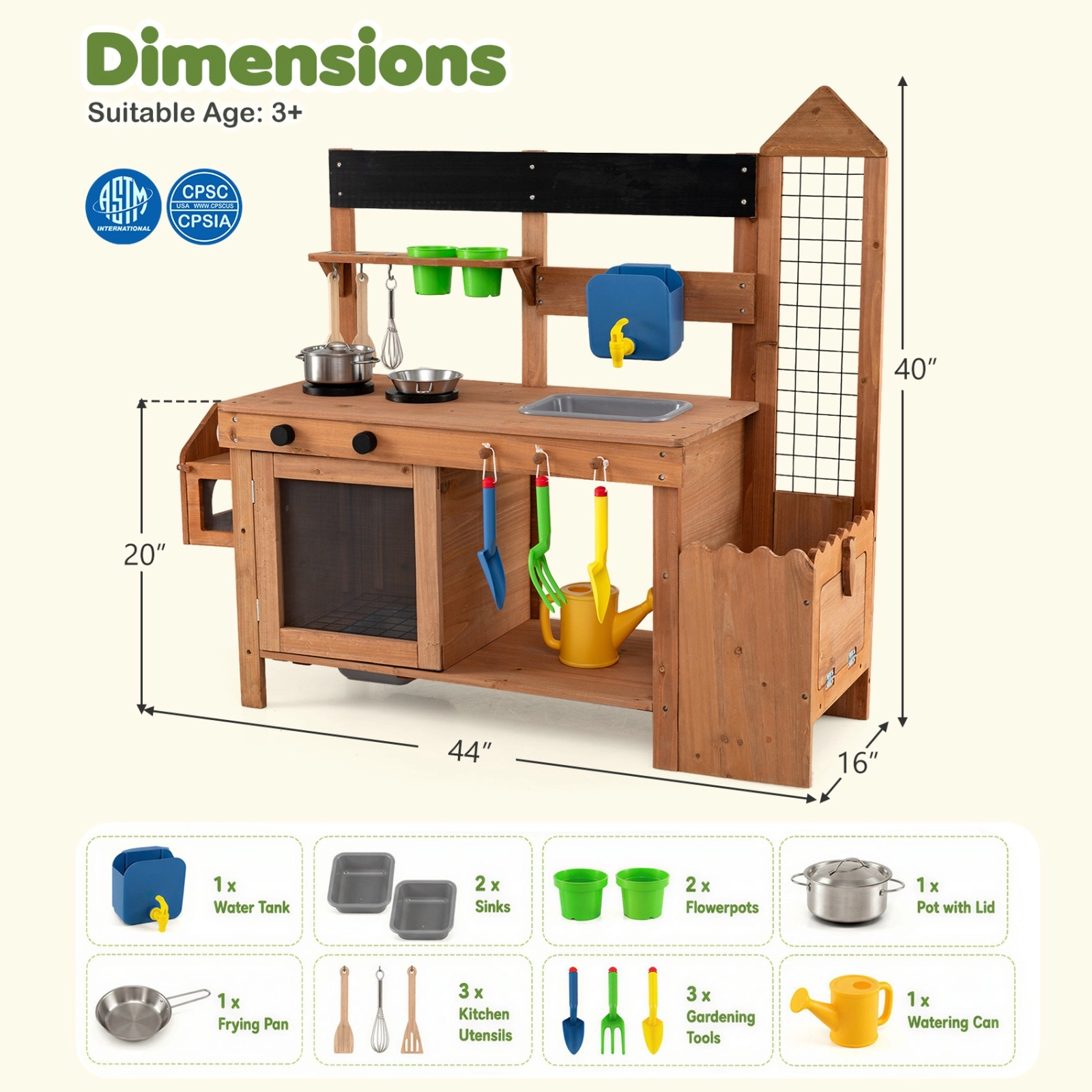 Outdoor Mud Kitchen for Kids with Planter Box Birdcage Chalkboard and Working Faucet 44-in x 16-in x 40-in Fir Wood
