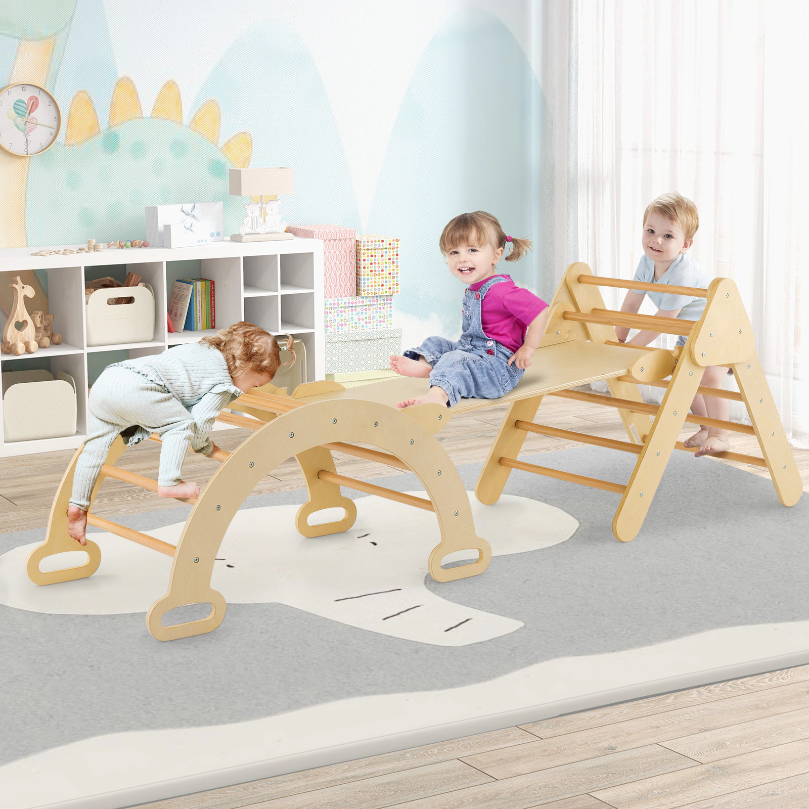 5-in-1 Wooden Pikler Triangle Set Toddler Climbing Toys Reversible Arch Ramp Adjustable Ladder 110-lb Ages 1+ Natural