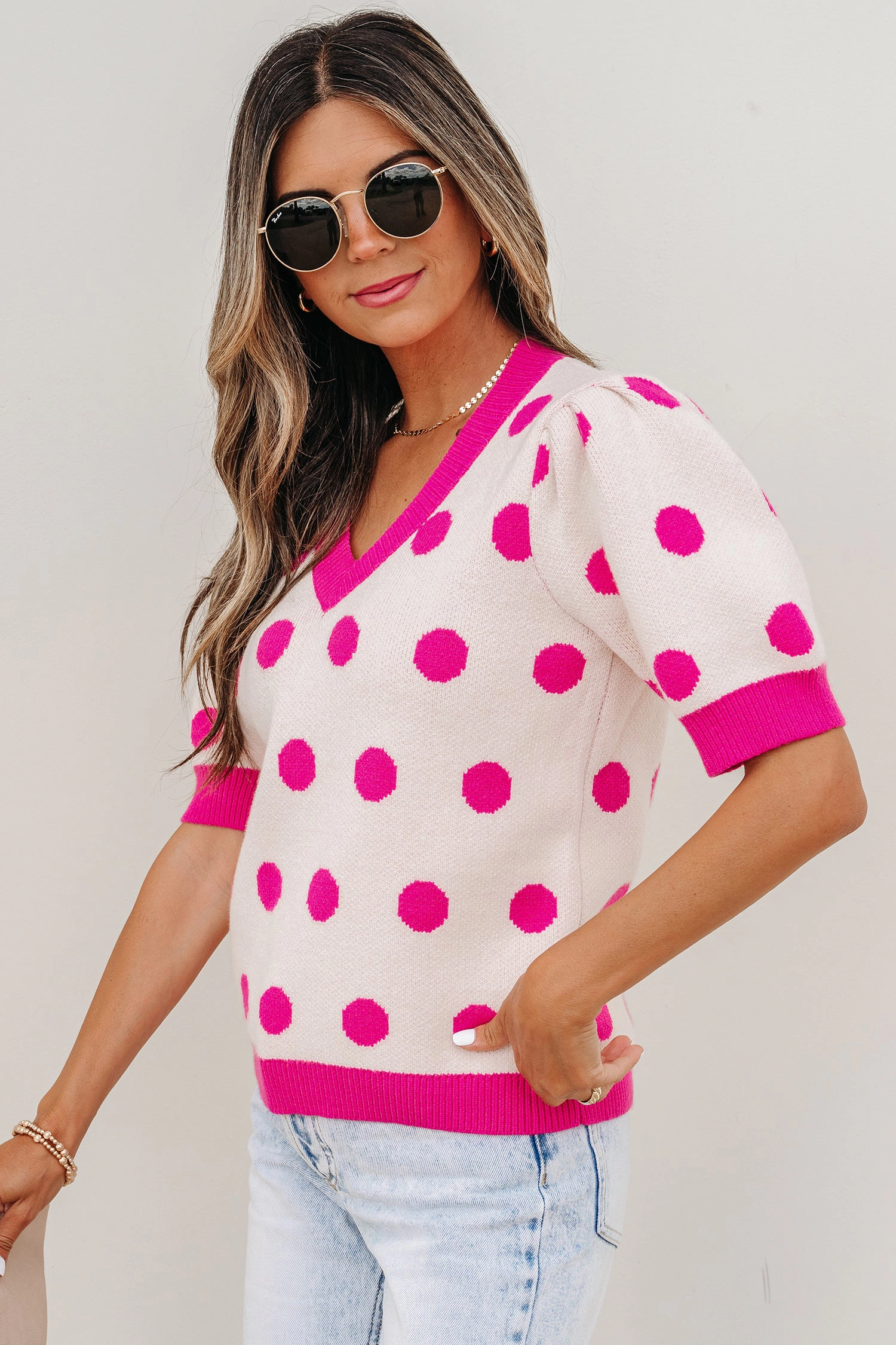19092 Alexia Puff Short Sleeve Sweater - Pink Floral Knit