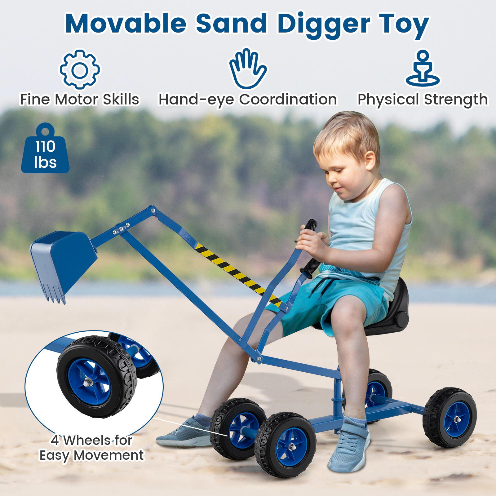 Blue Kids Ride-On Sand Digger Excavator Toy on 4 Wheels 2-Handed Levers Swivel Seat 110-lb Capacity Ages 3+