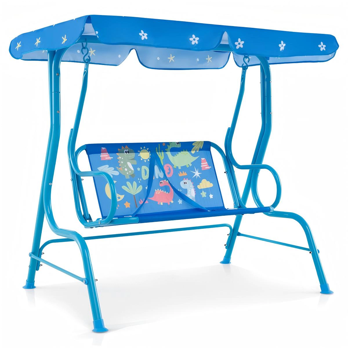 SUGIFT 180-lb Capacity 2-Seater Kids Outdoor Swing with Metal Stand Adjustable Canopy and Safety Belts Blue