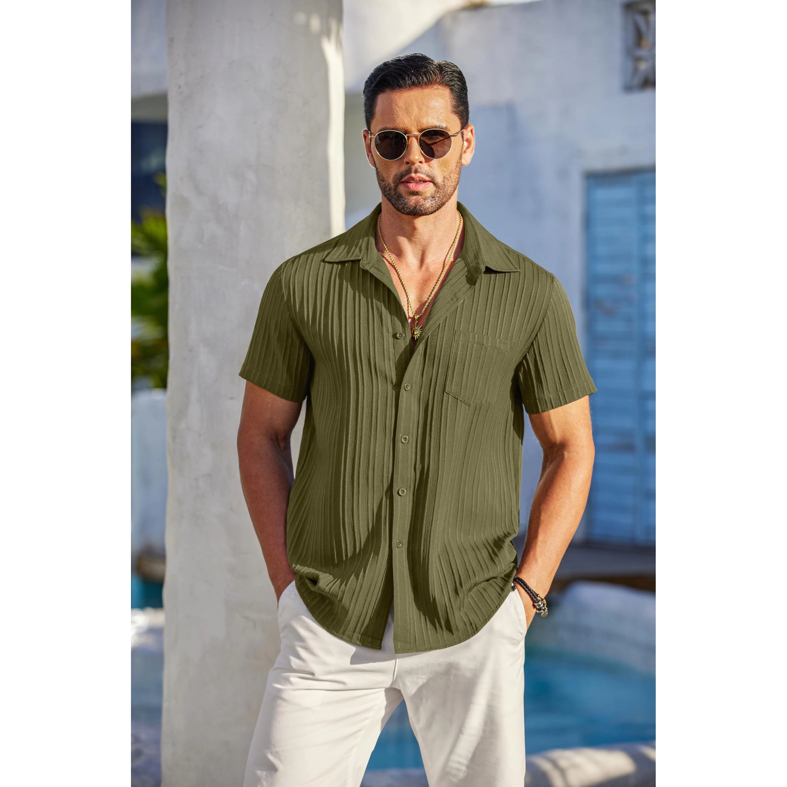 COOFANDY Mens Short Sleeve Button Down Shirt  Pleated Camp Collar Casual Tops