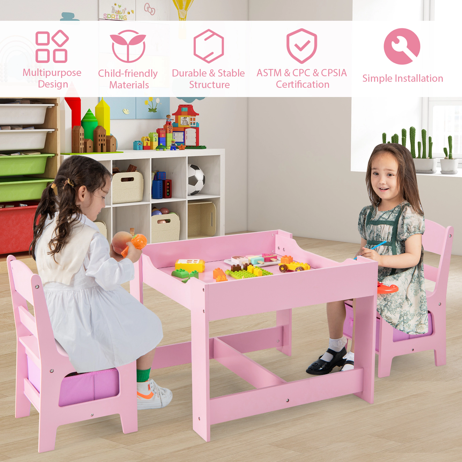 SUGIFT 2-in-1 Kids Table & Chair Set with Blackboard & Whiteboard 50-lb Table 100-lb Chairs Ages 3-7 Pink/White/Natural