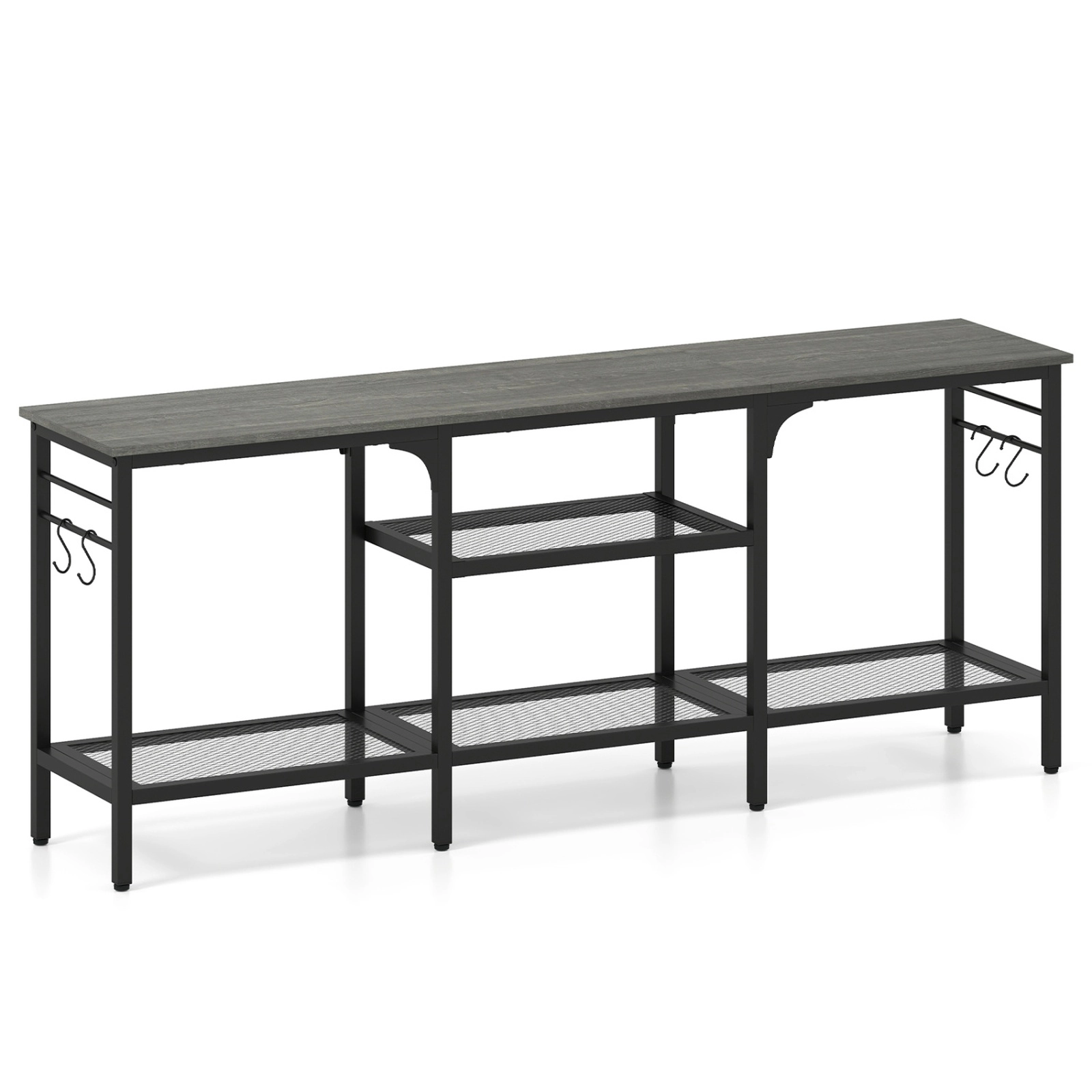 SUGIFT 3-Tier TV Stand with Open Shelves and 4 Hooks 685-lb Total Capacity 55-in Wide for TVs up to 65 in Oak & Black