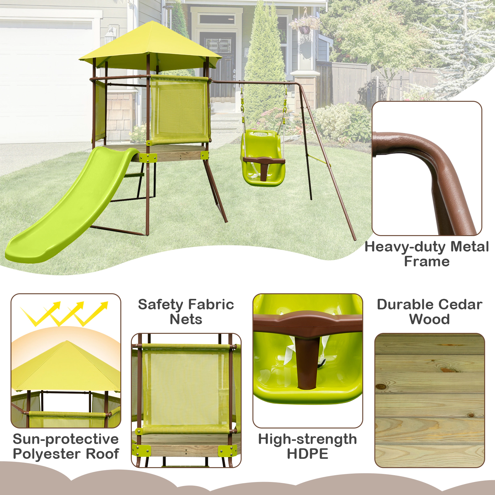 SUGIFT Kids Green 4-in-1 Swing Set with Playhouse Fort and Slide 7.5-ft W 6.7-ft D 5.5-ft H 200-lb Set Capacity