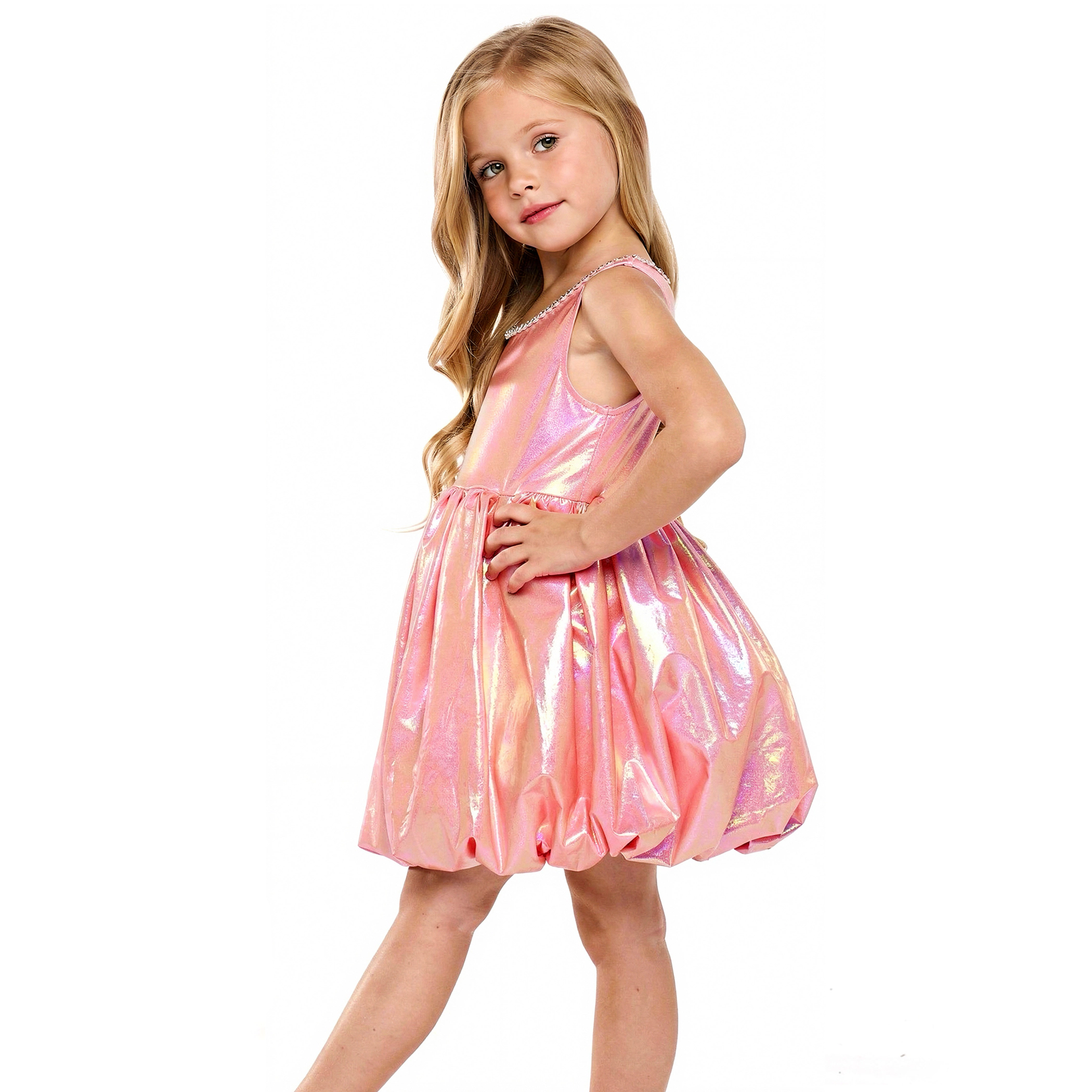 2Bunnies Girls 4T-10Y Iridescent Metallic Bubble Hem Sequin Neckline Party Dress