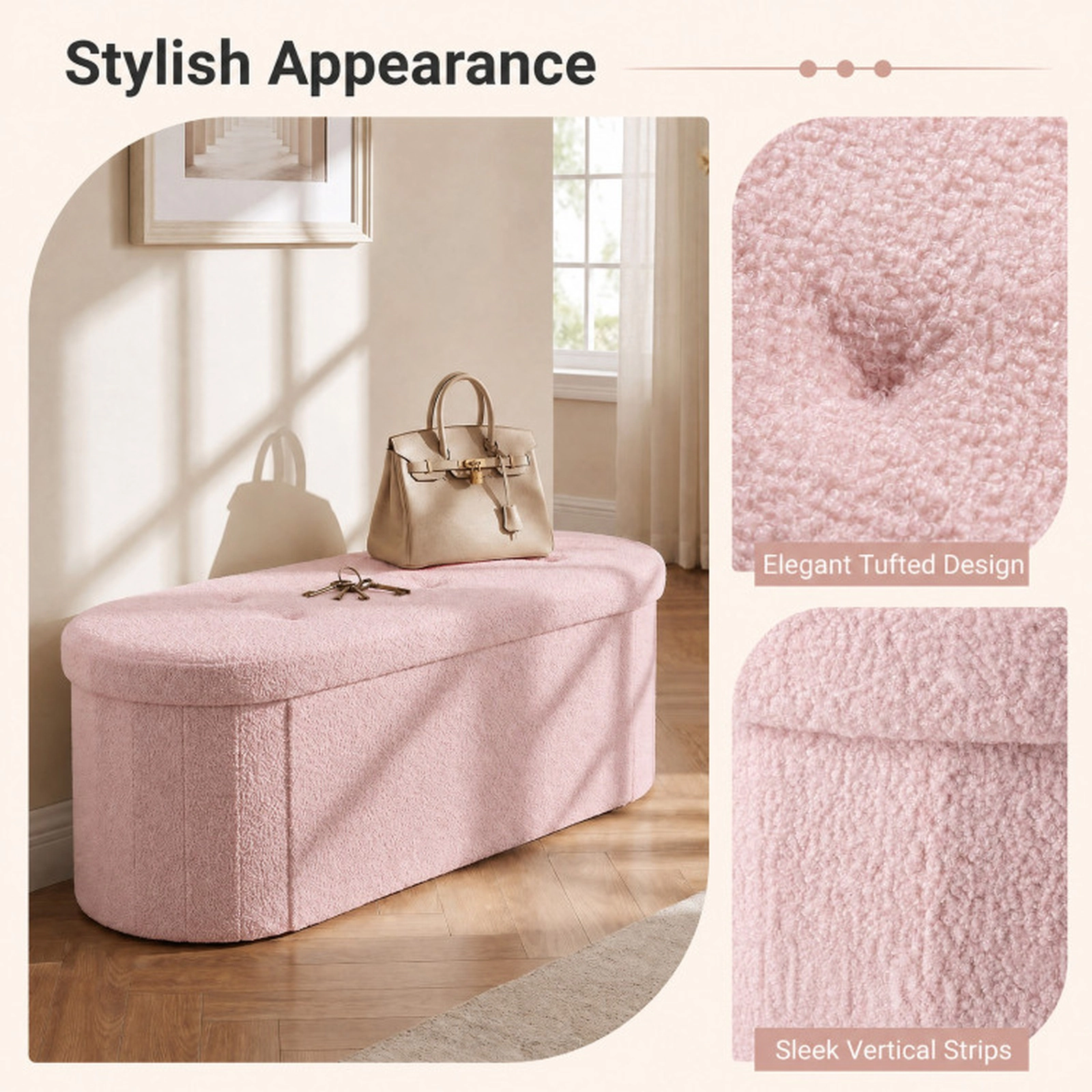 SUGIFT 43-in 330-lb Capacity Pink Folding Teddy Fleece Storage Ottoman Bench with 3 Compartments
