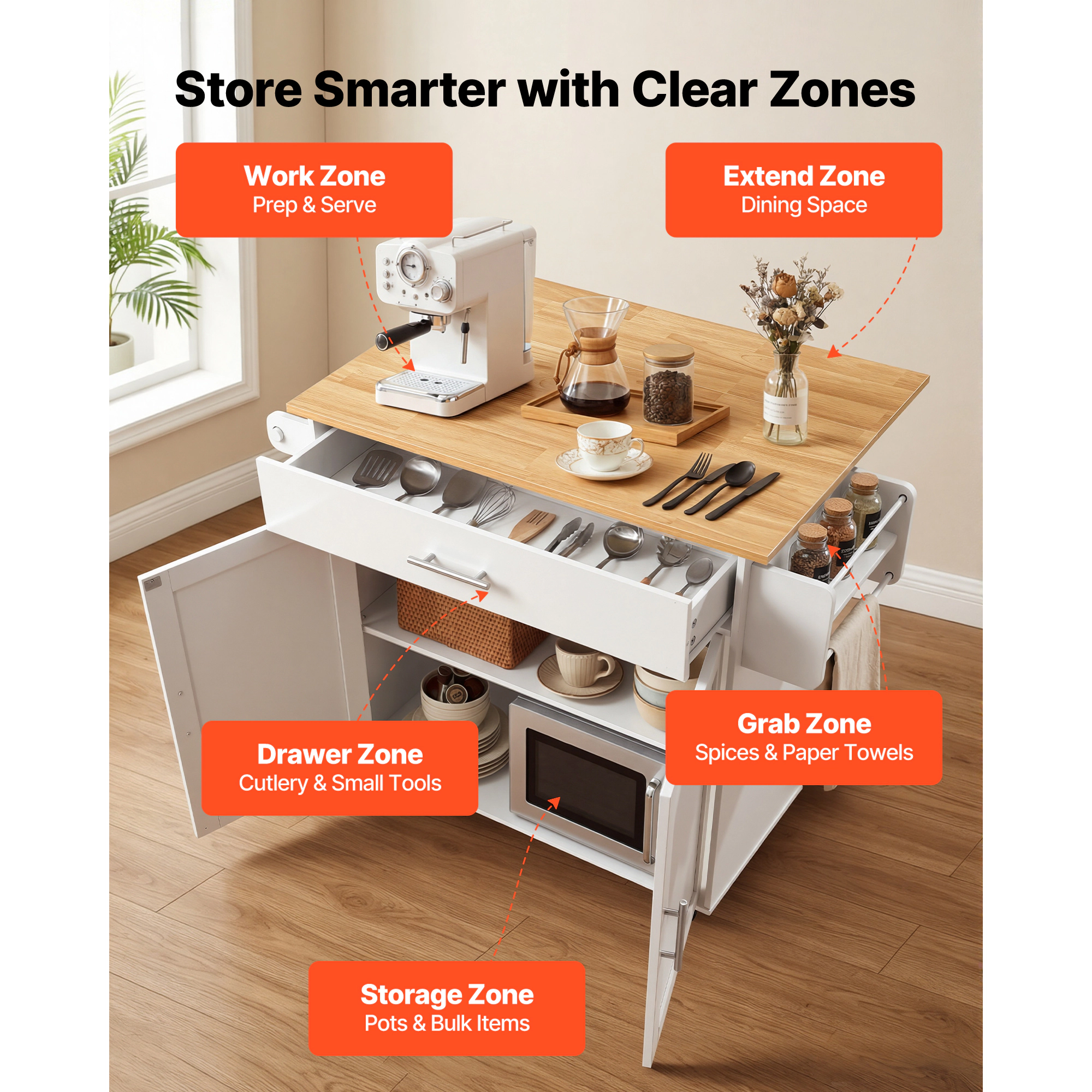 HONGGE Kitchen Island Cart with Storage 42.28 Wide Mobile Rolling on Swivel Wheels Drawer