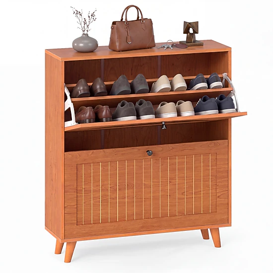 Glintex Slim Oak Shoe Cabinet with 2 Flip Drawers and Solid Wood Legs, Oak