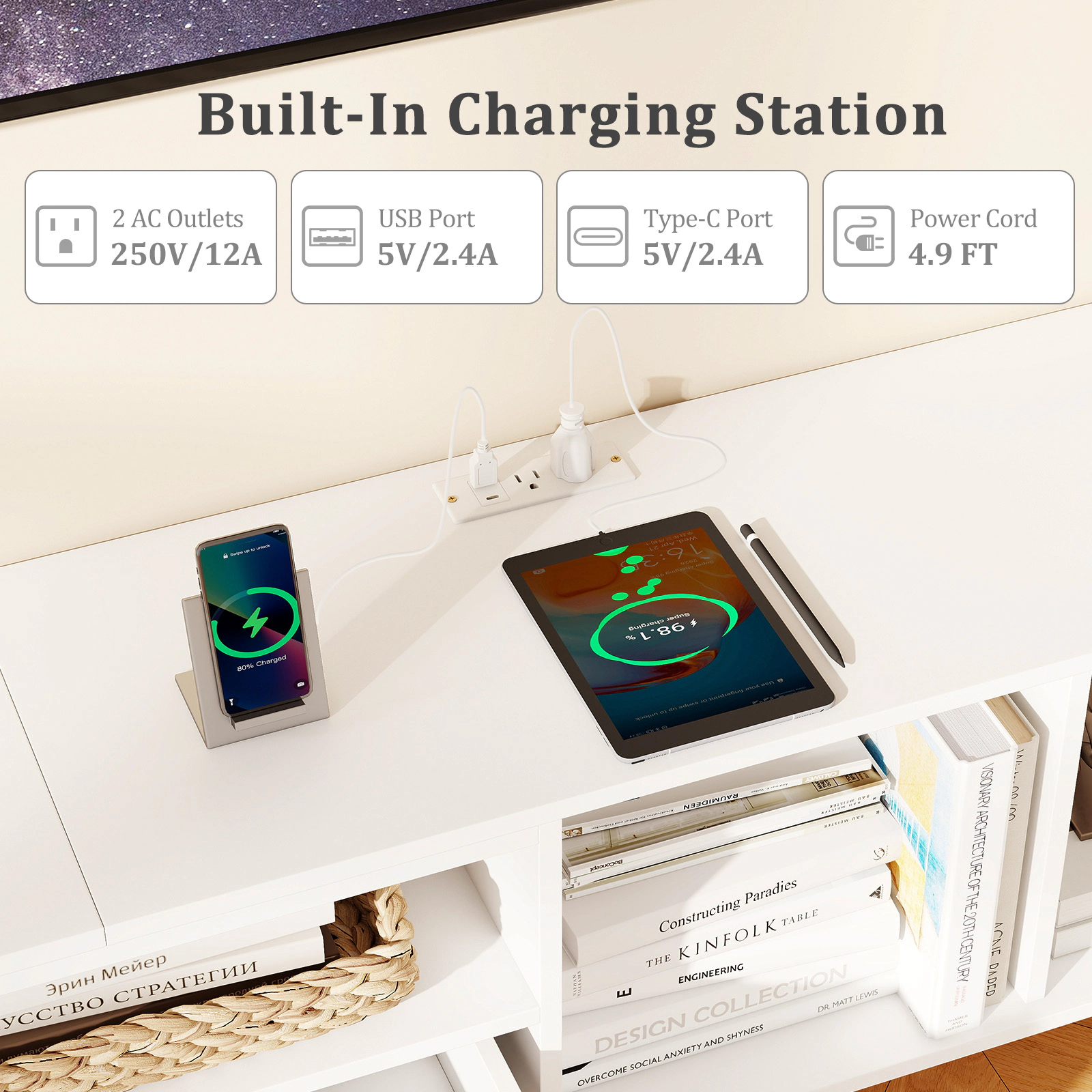 Glintex 79-Inch TV Stand with Charging Station for TVs up to 90 Inches, White & Black