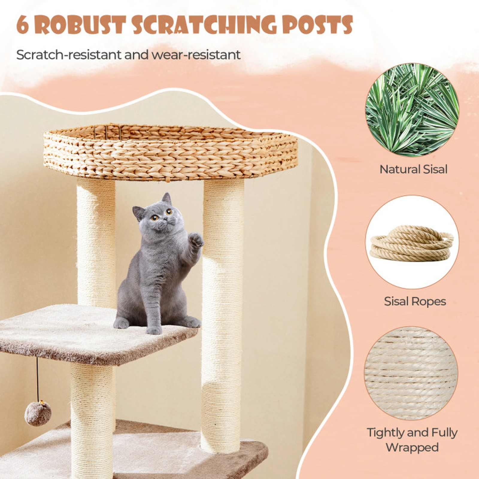 SUGIFT Coffee 4-Layer Cat Tower with Cattail Perch Condo and Washable Cushions