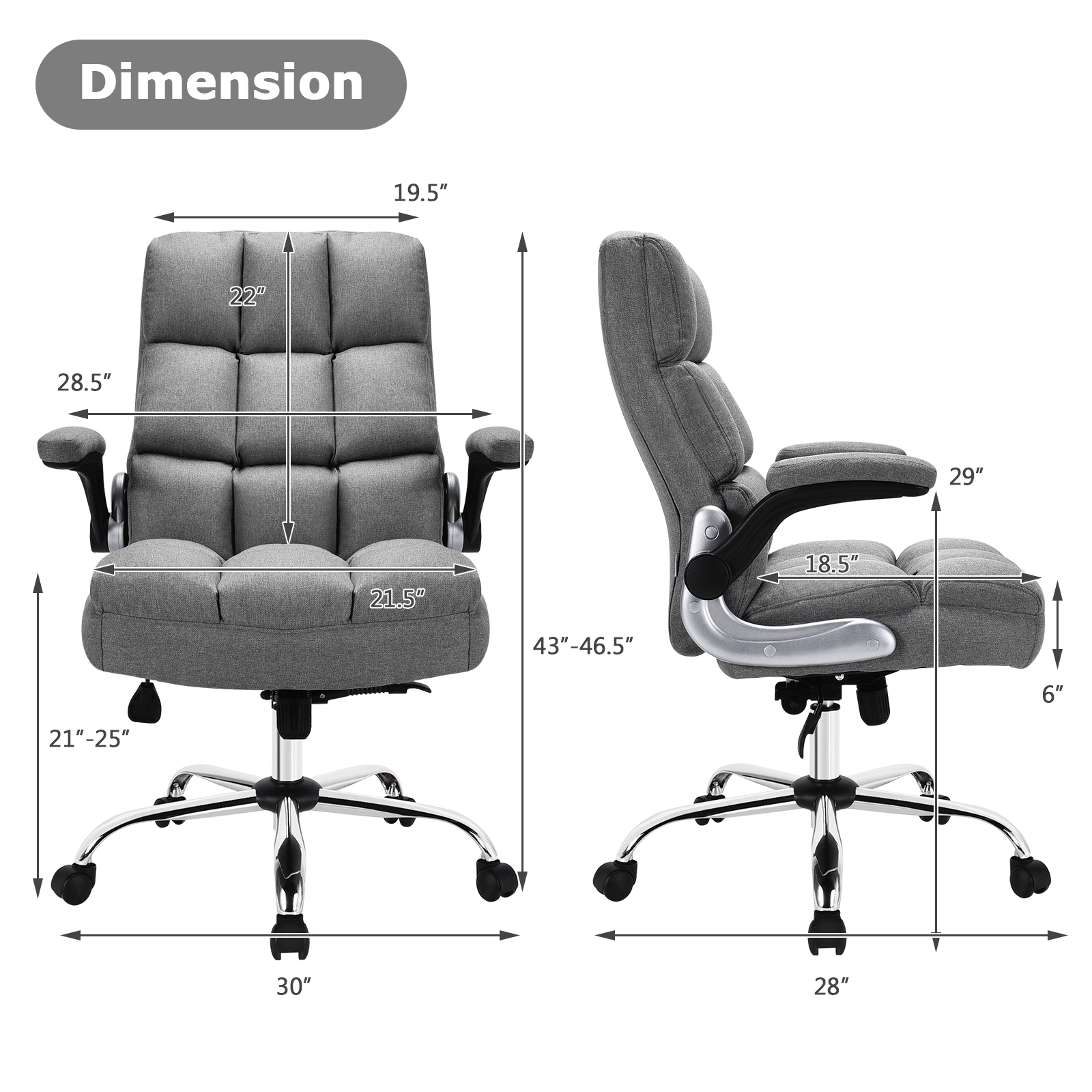 SUGIFT High Back Flip-up Armrests Linen Upholstered Swivel Office Chair 30-in x 28-in x 43-in 400-lb Capacity Gray