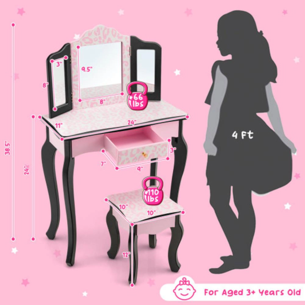 Hivvago Kid Vanity Set With Tri-Folding Mirror And Leopard Print-Pink
