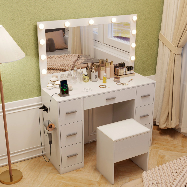 Hivvago 43.5-Inch Vanity Desk With Mirror And Lights For Bedroom-White
