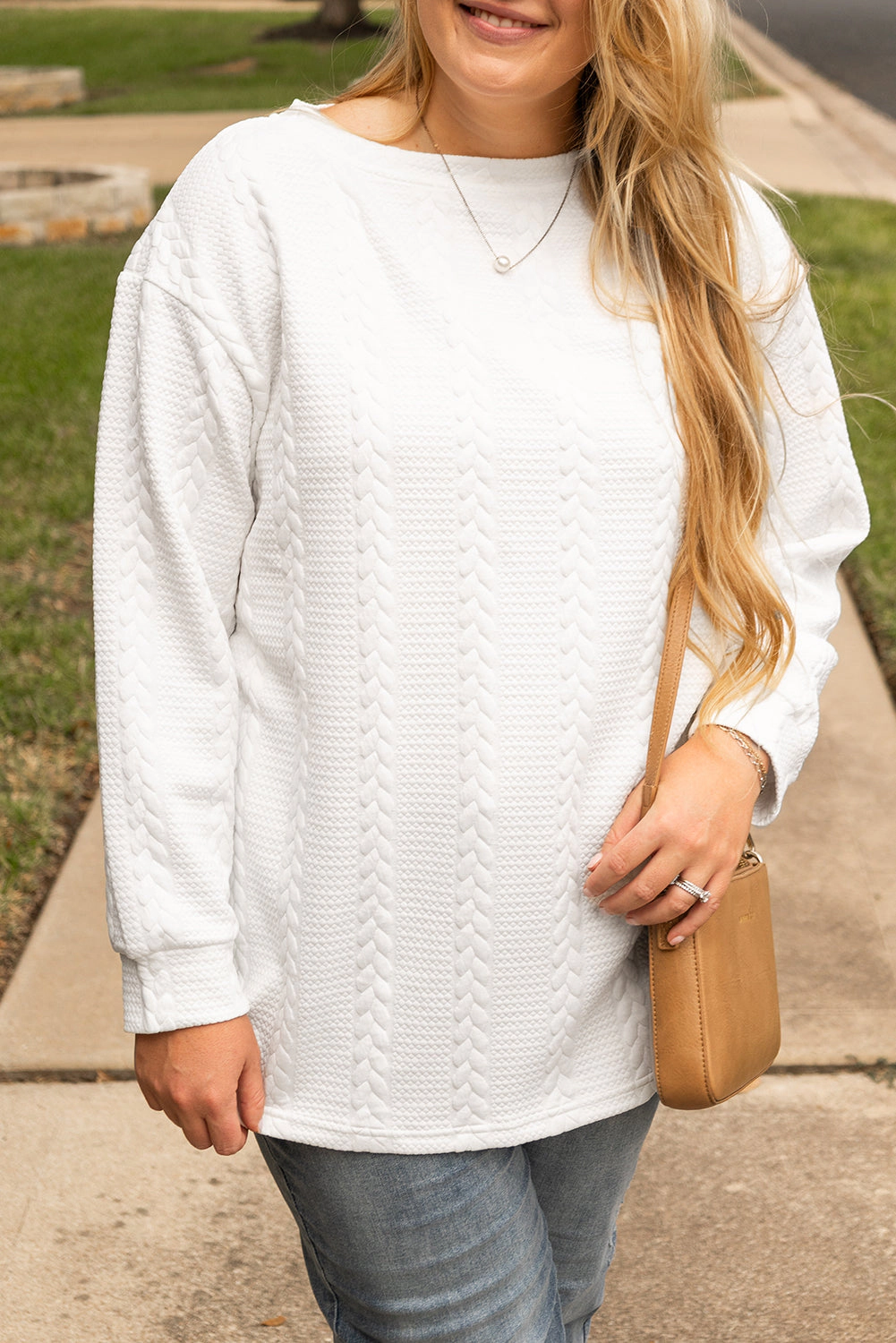 Threaded Pear Women's White Cable Textured Loose Plus Sweatshirt