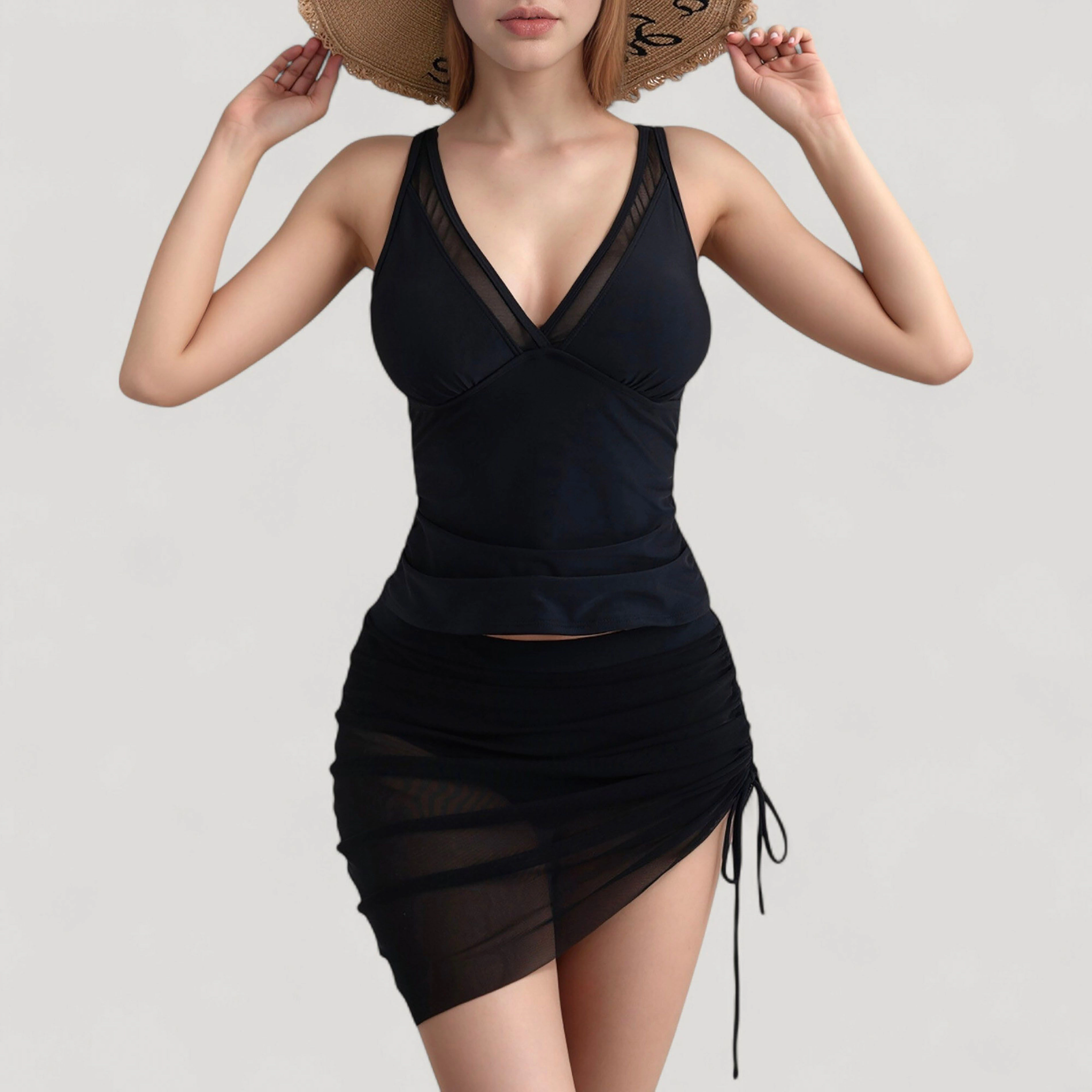 Anna-Kaci Women Mesh Ruched One-Piece Swimsuit Dress - V Neckline with Adjustable Side Drawstring