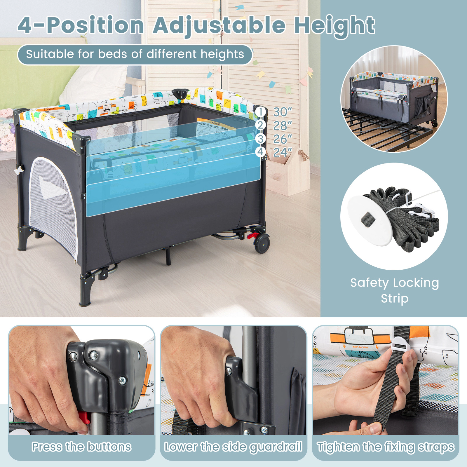 SUGIFT Height Adjustable Rocking Bedside Baby Bassinet and 110-lb Playpen with Detachable Changing Table