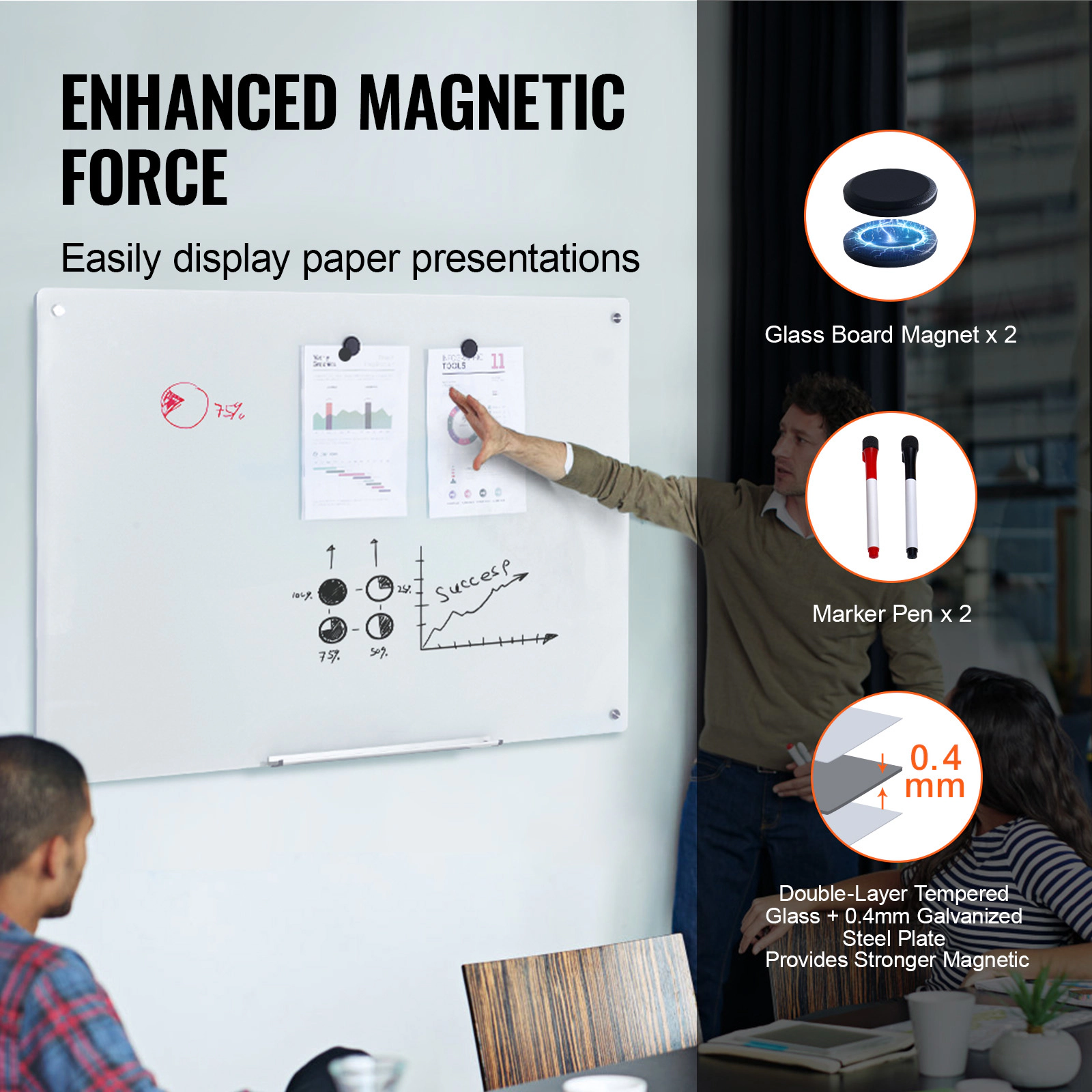 HONGGE Magnetic Glass Whiteboard Dry Erase Board Wall-Mounted Large White Glassboard Frameless with Marker Tray an