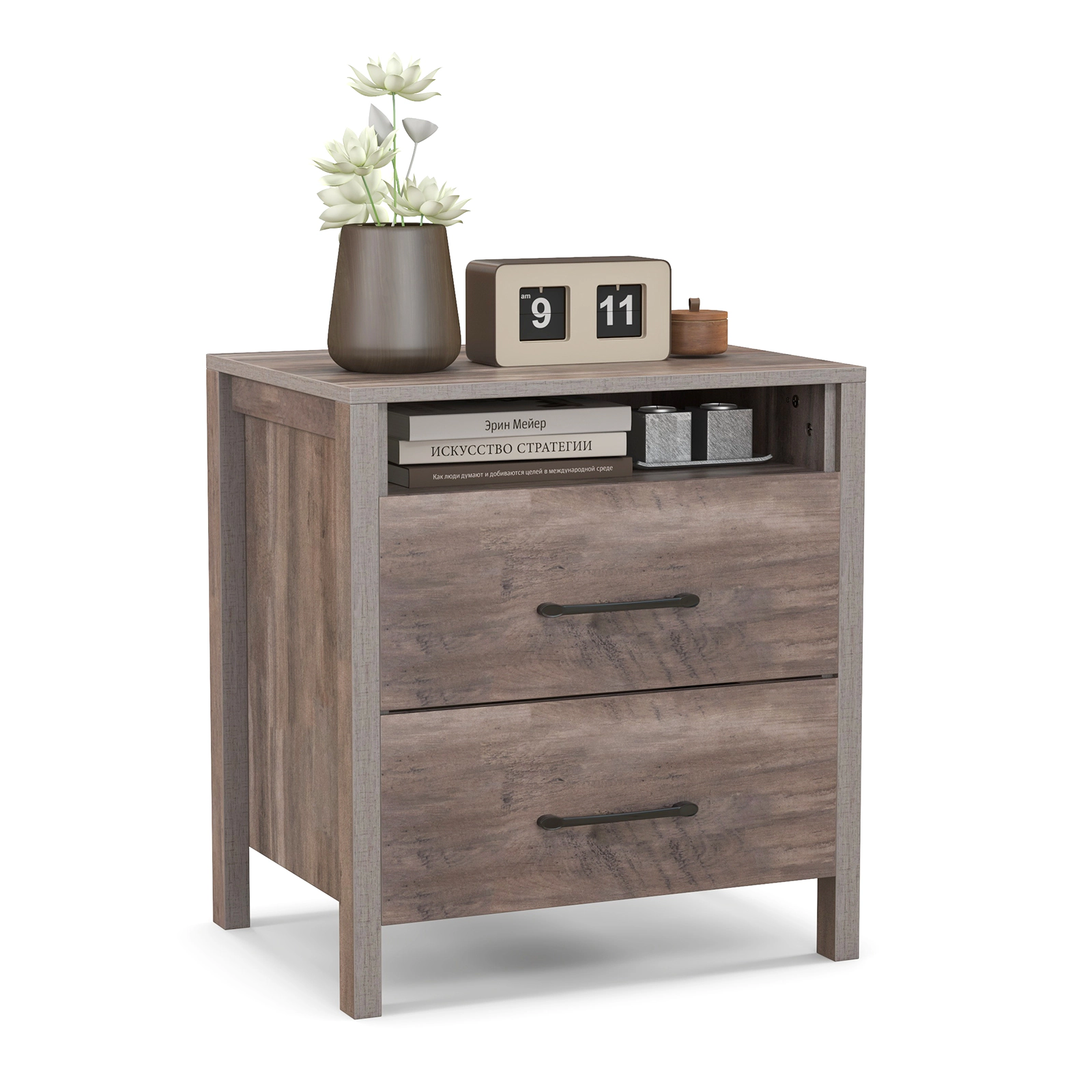 Glintex Farmhouse Nightstand with 2 Drawers and 17.5-Inch Open Storage Shelf, Gray