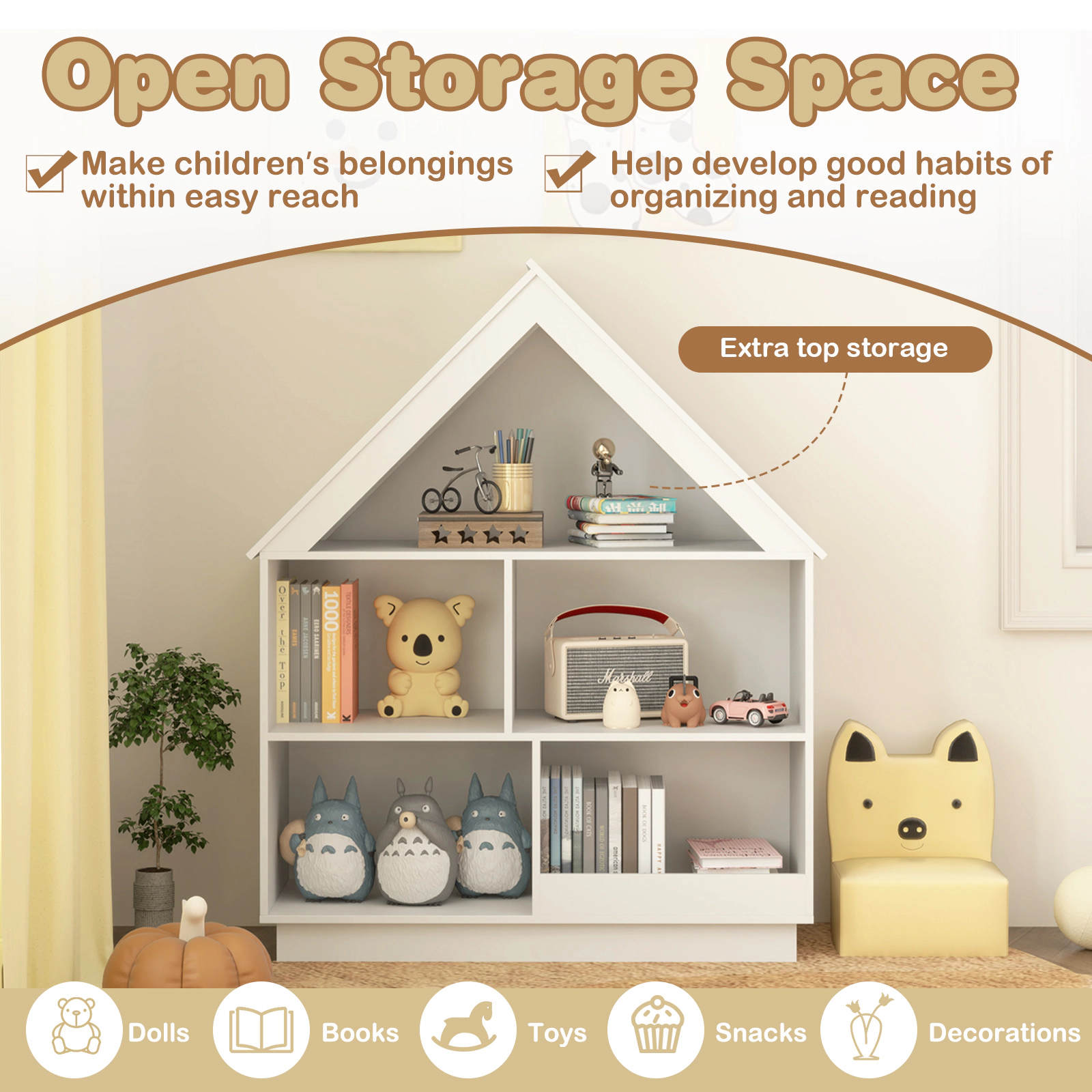 SUGIFT 3-Tier House-Shaped Toy Storage Organizer Dollhouse Bookshelf 240-lb Capacity Natural/White
