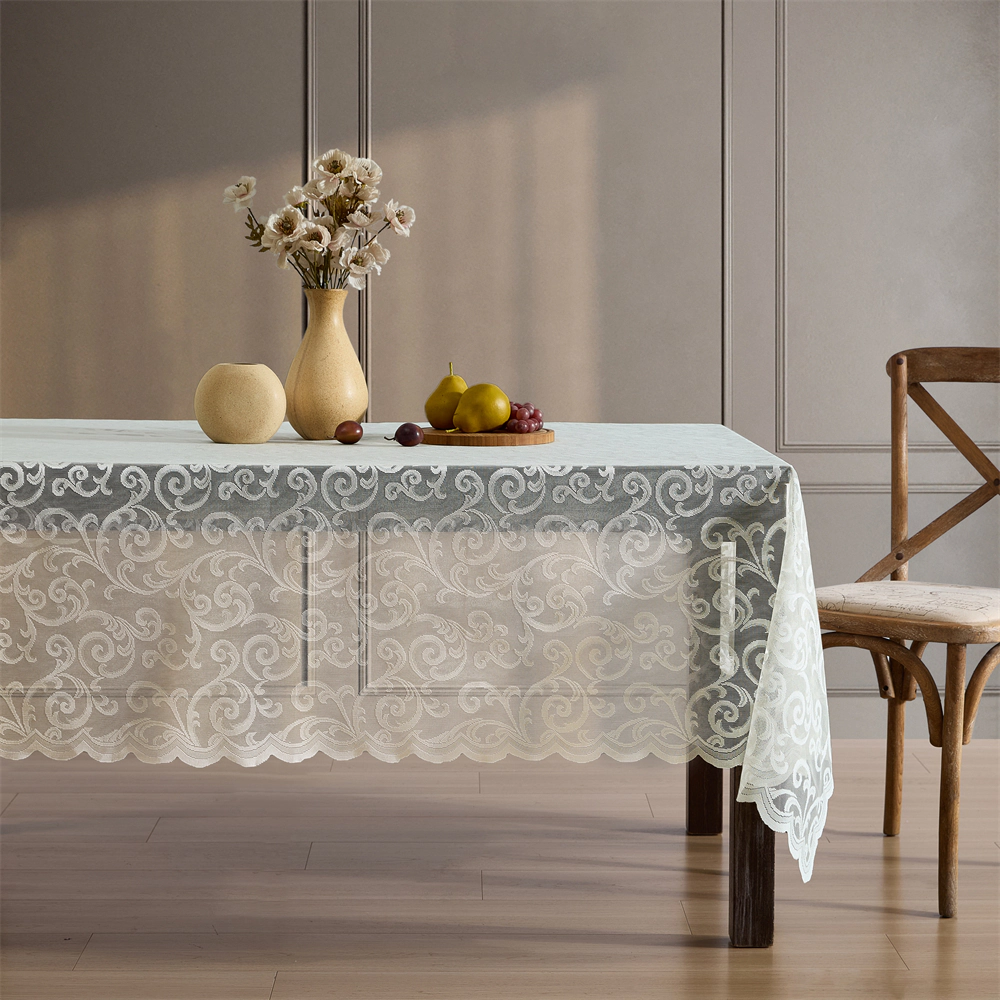 HLC.ME Scroll Scalloped Lace Fabric Wrinkle Resistant Tablecloth