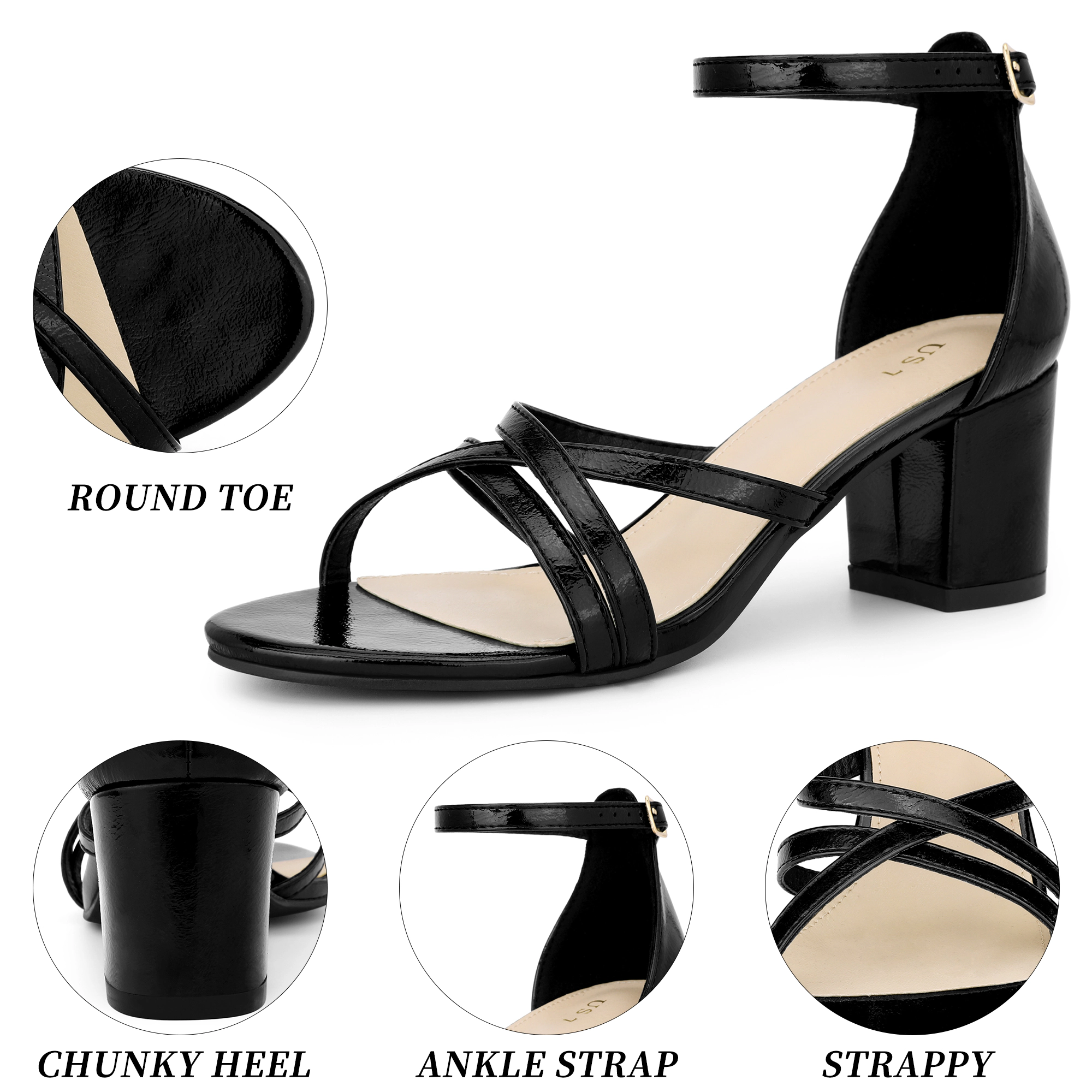 BLISSFUL STEP Women's Open Toe Chunky Heel Ankle Strap Strappy Sandals