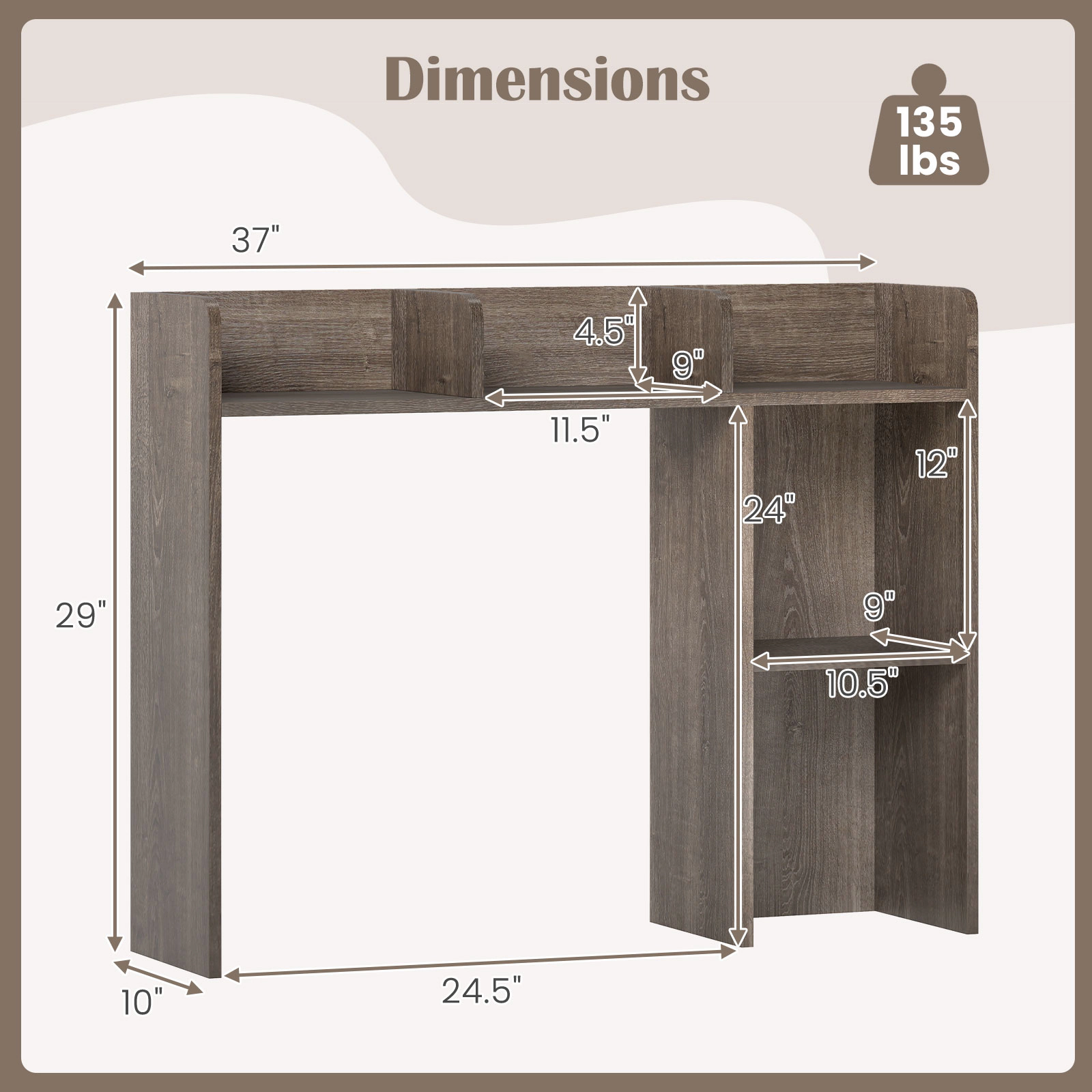 SUGIFT 3-Tier Oak Desktop Bookshelf Multipurpose Desk Shelf with 4 Compartments and Anti-Toppling Anchors