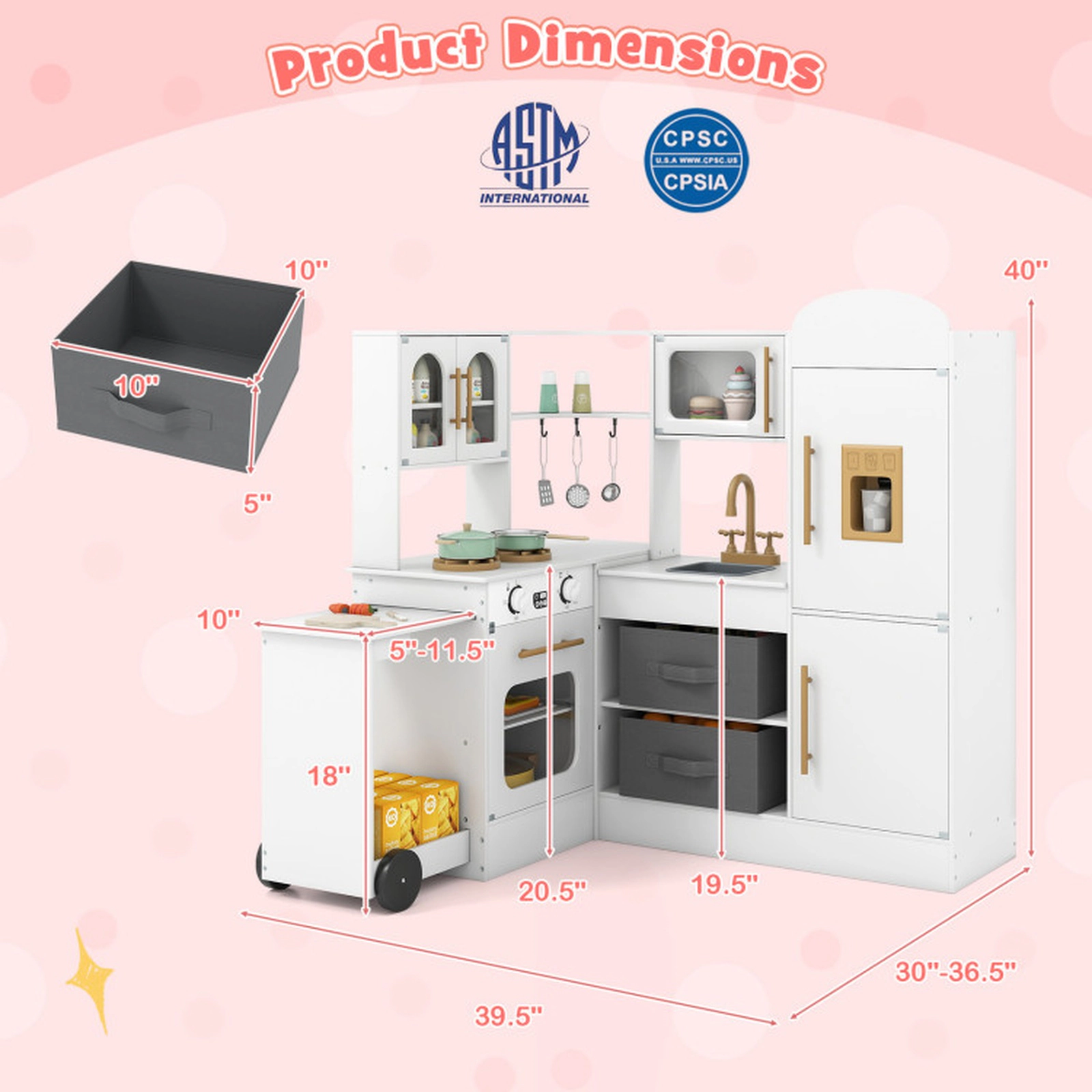 SUGIFT White Pull-Out Countertop Lights and Sounds Corner Kids Wooden Play Kitchen