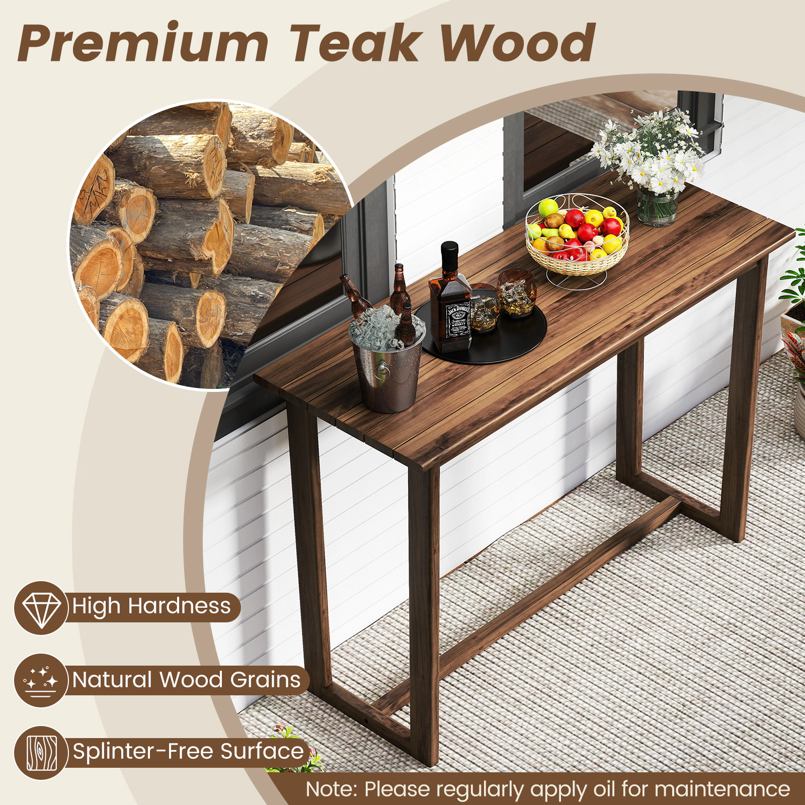 SUGIFT 59-in Slatted Teak Wood Outdoor Bar Table 220-lb Capacity 42-in Tall Natural for 28-32 in Barstools