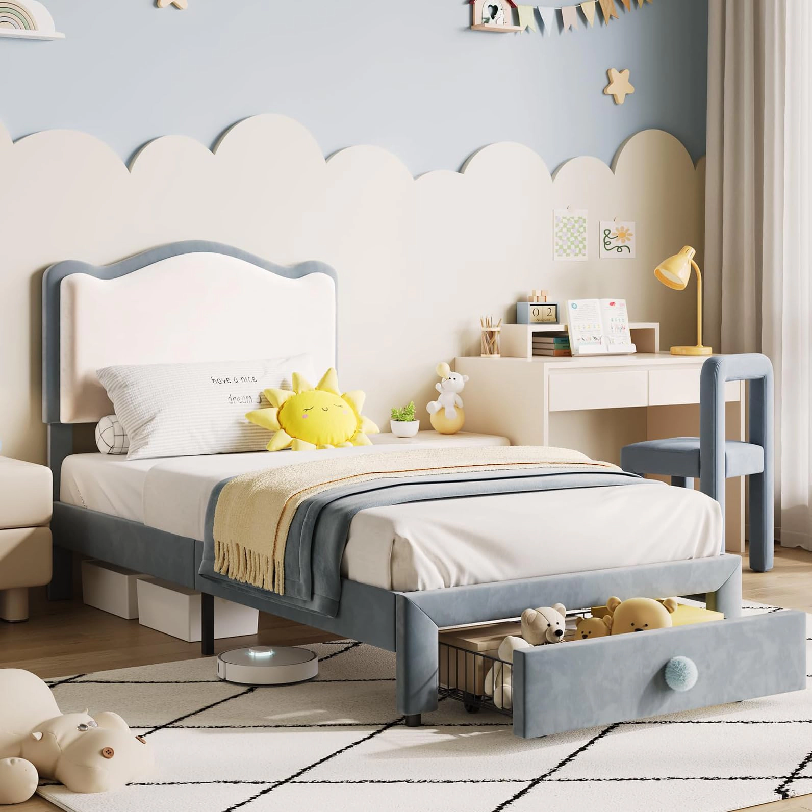 BebreezChic Upholstered Twin Bed Frame with Storage Drawer and Scallop Headboard, Princess Platform Frames