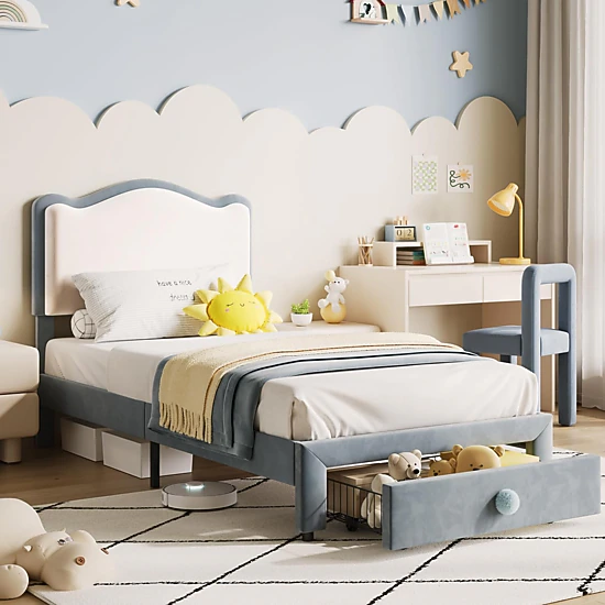 BebreezChic Upholstered Twin Bed Frame with Storage Drawer and Scallop ...