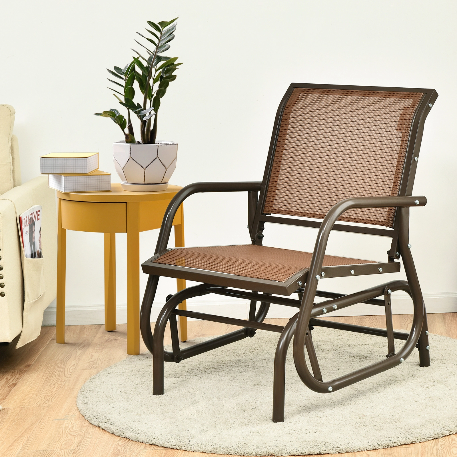 SUGIFT Outdoor Single Swing Glider Rocking Chair Brown with Armrests and Steel Frame