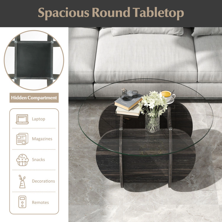 Hivvago 35" Wooden Round Coffee Table with Transparent Glass Top