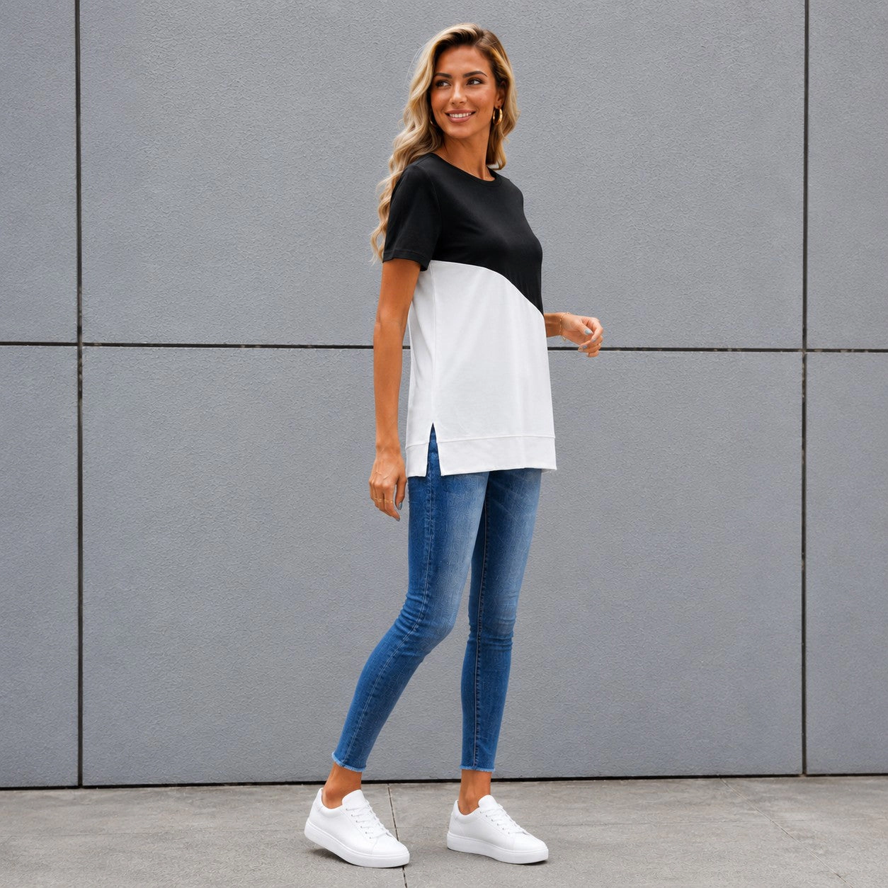 Zilpu Women's Colorblock Side-Slit Relaxed Fit Tunic Tee