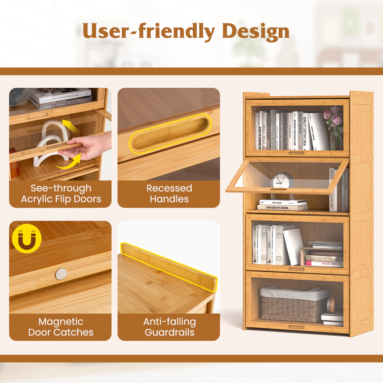 SUGIFT 4-Tier Bamboo Bookcase Acrylic Flip Doors 65-lb Tier Capacity 27-in Wide 55-in Tall Brown/Natural 2-Cube Per Tier