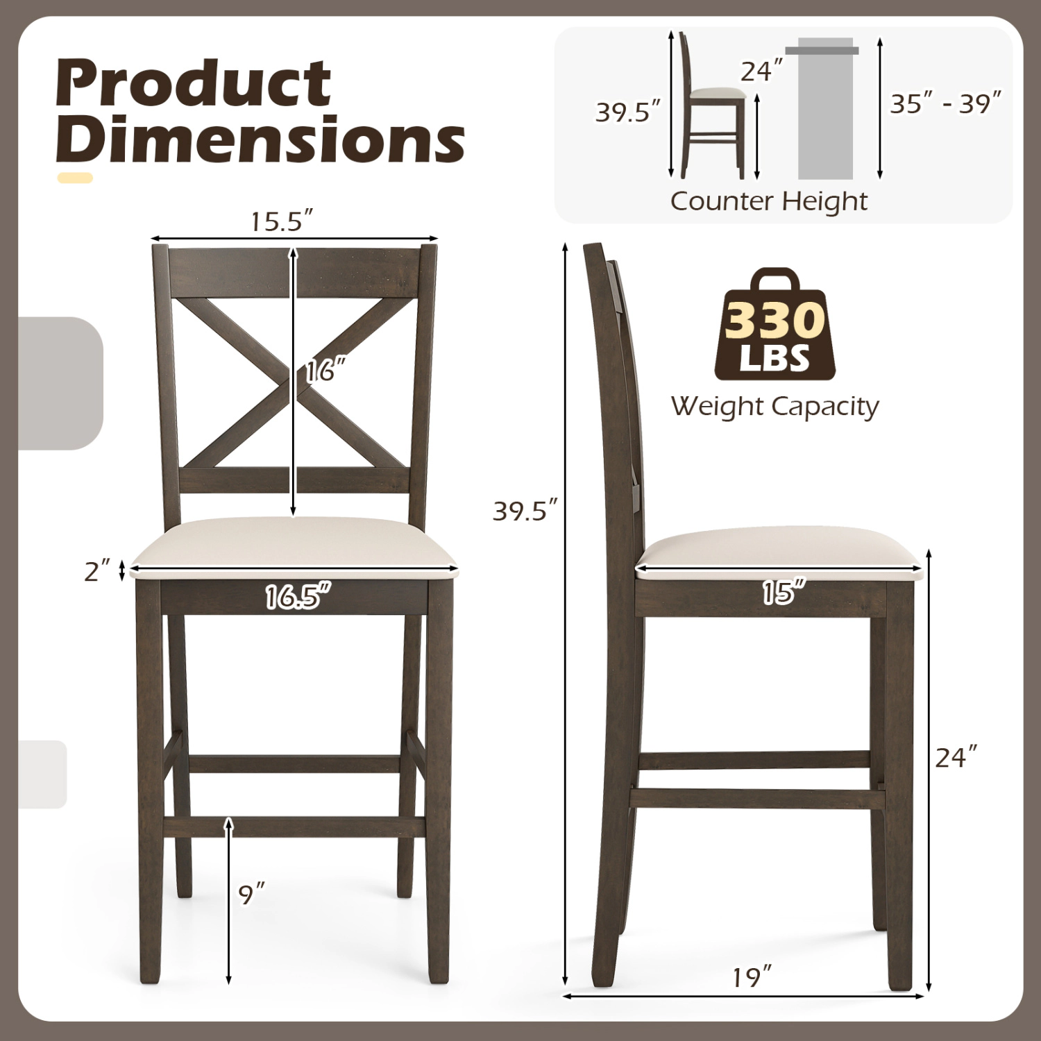 Glintex 2-Piece 24-Inch X-Back Counter Stool Set with Upholstered Seat