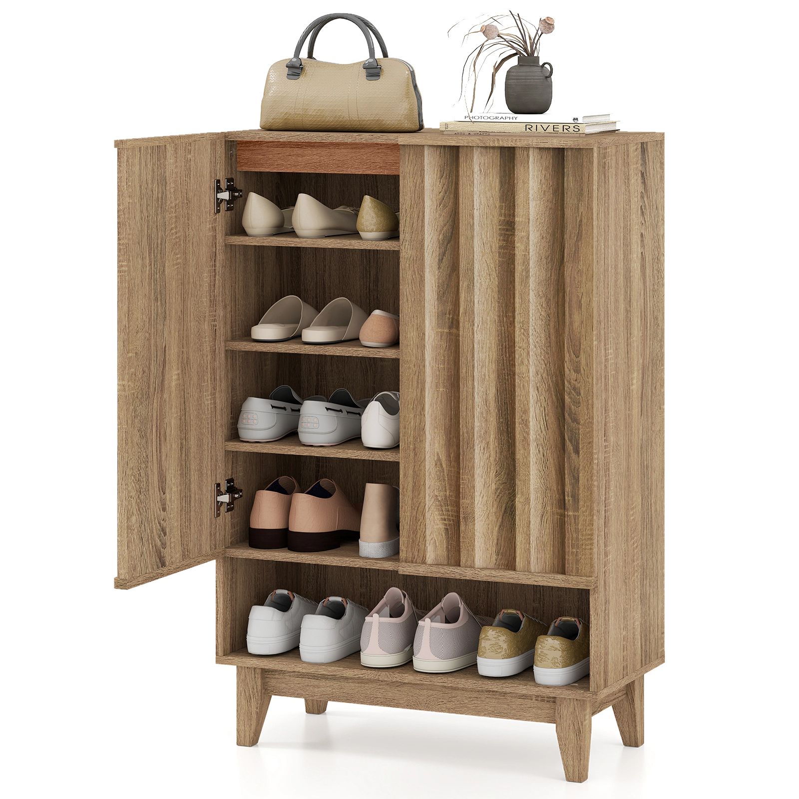 SUGIFT 6-Tier Engineered Wood Shoe Storage Organizer Cabinet with 2 Fluted Doors 110-lb Top Capacity Rustic Oak