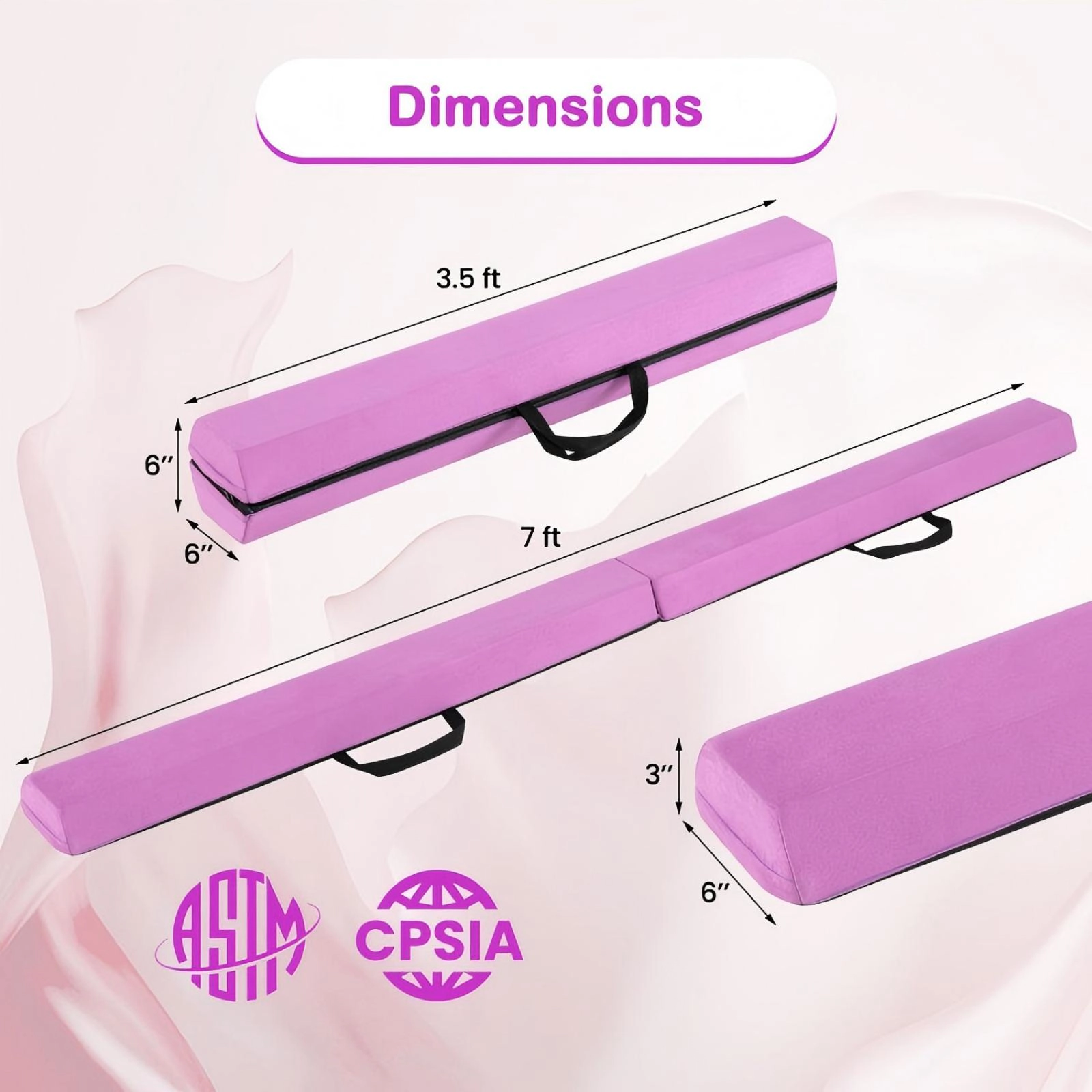 SUGIFT Purple 7-ft 160-lb Capacity Folding Gymnastics Balance Beam with Removable Suede Cover and Non-Slip Base