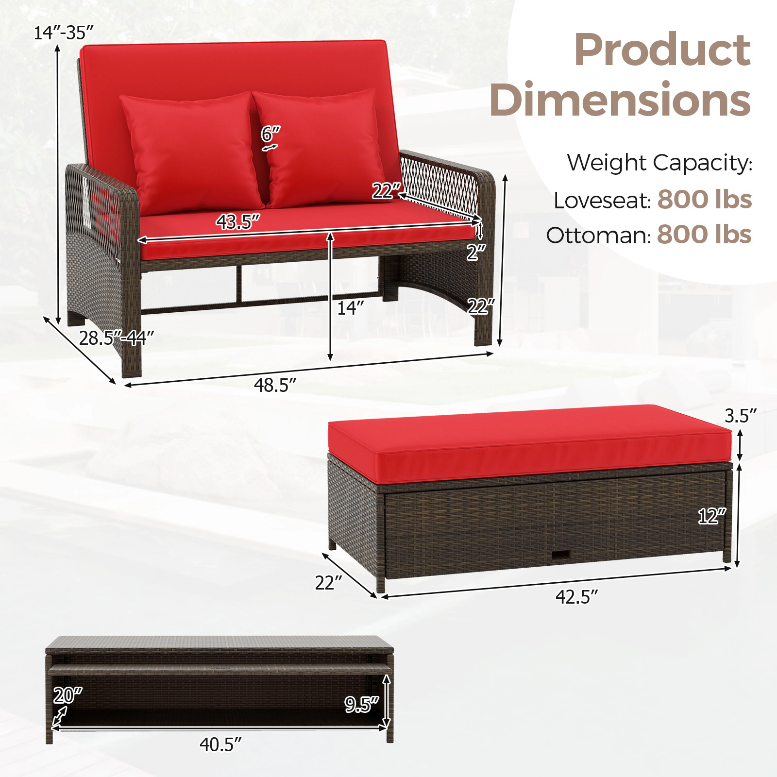 SUGIFT 2-Piece Wicker Patio Daybed with 4-Level Backrest and Storage Ottoman 48.5-in W 800-lb Seat Capacity Red