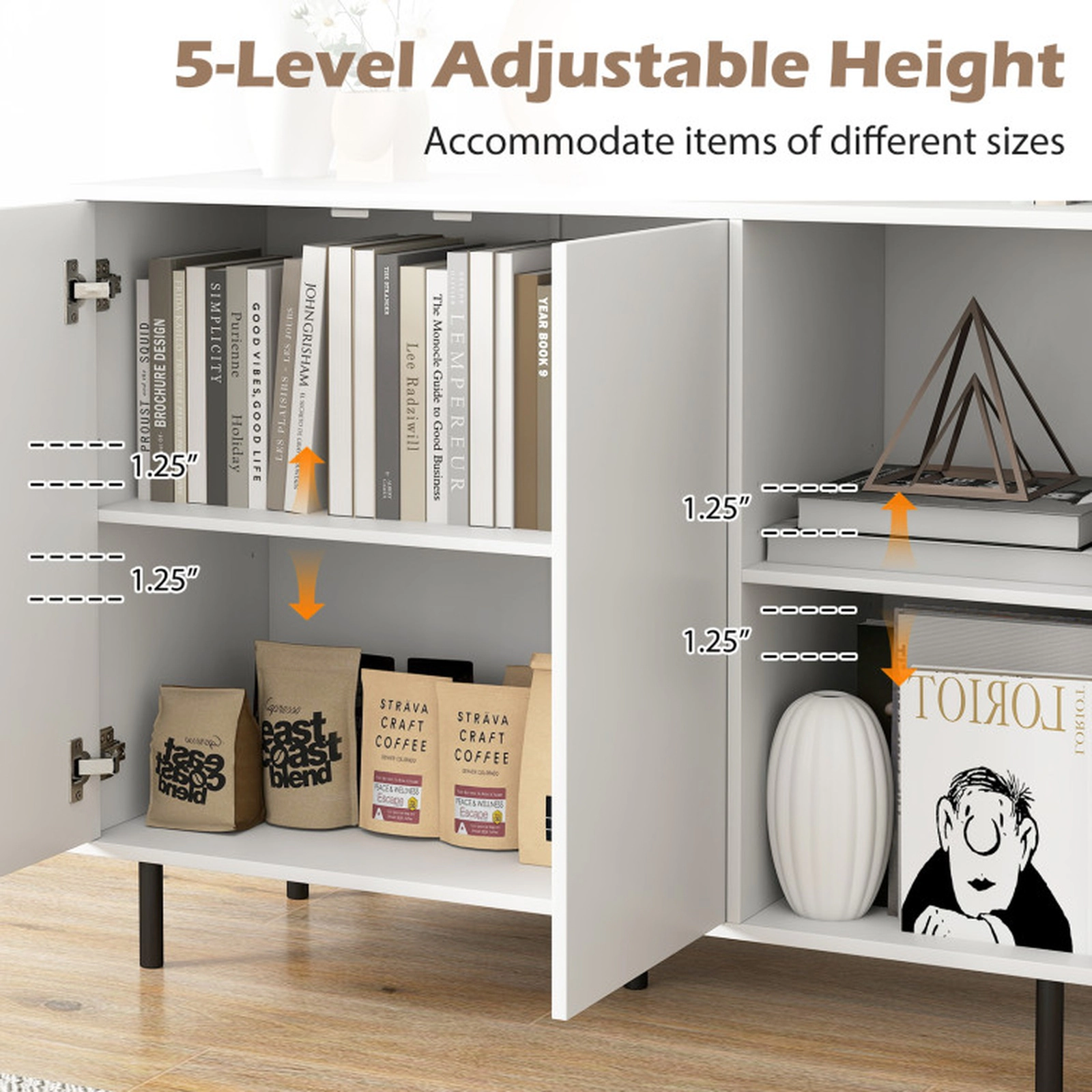SUGIFT 42-in 200-lb Countertop White Sideboard Buffet Cabinet with 5-Level Adjustable Shelves and Metal Legs
