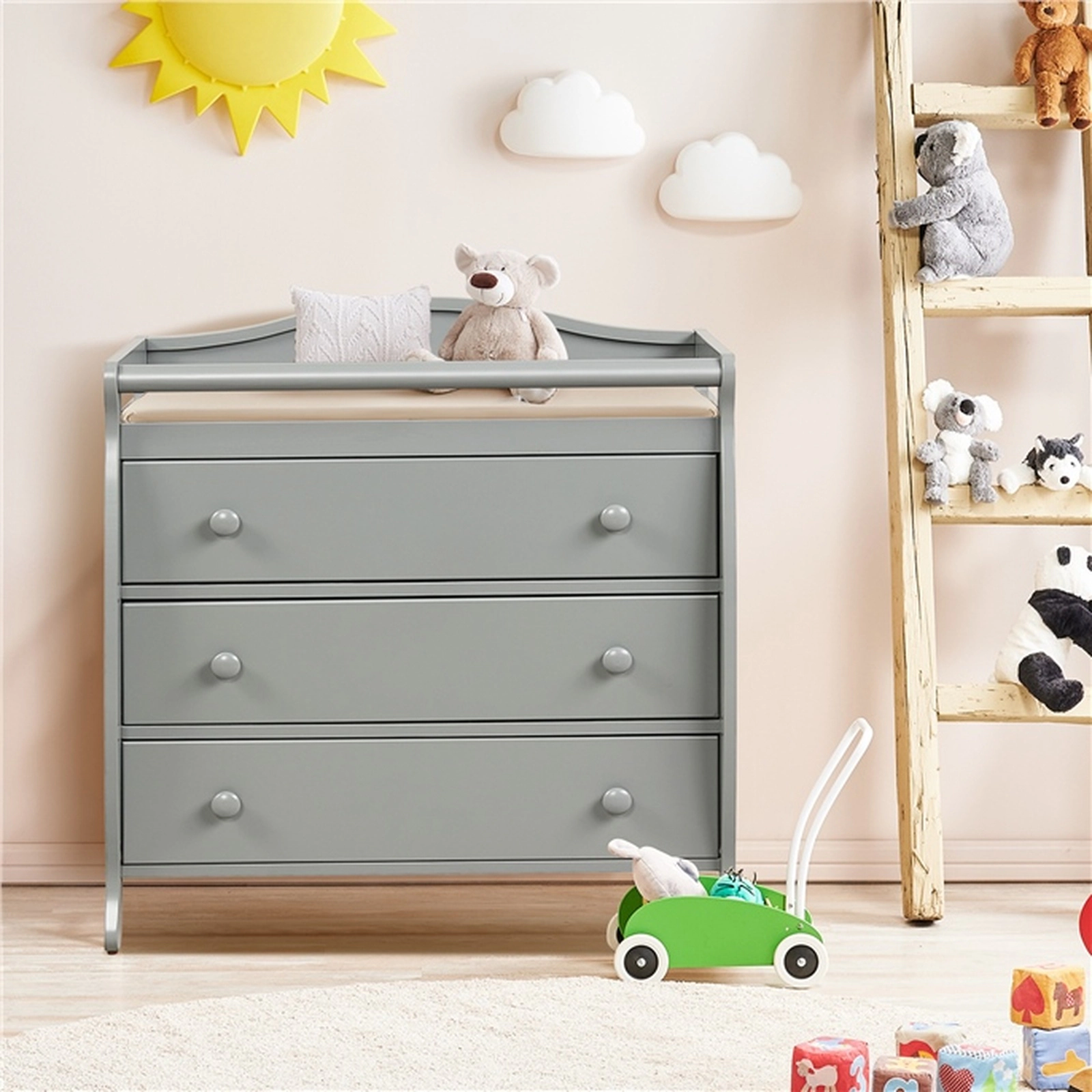 SUGIFT Baby Changing Table with 3 Drawers Safety Belt and Solid Wood Legs