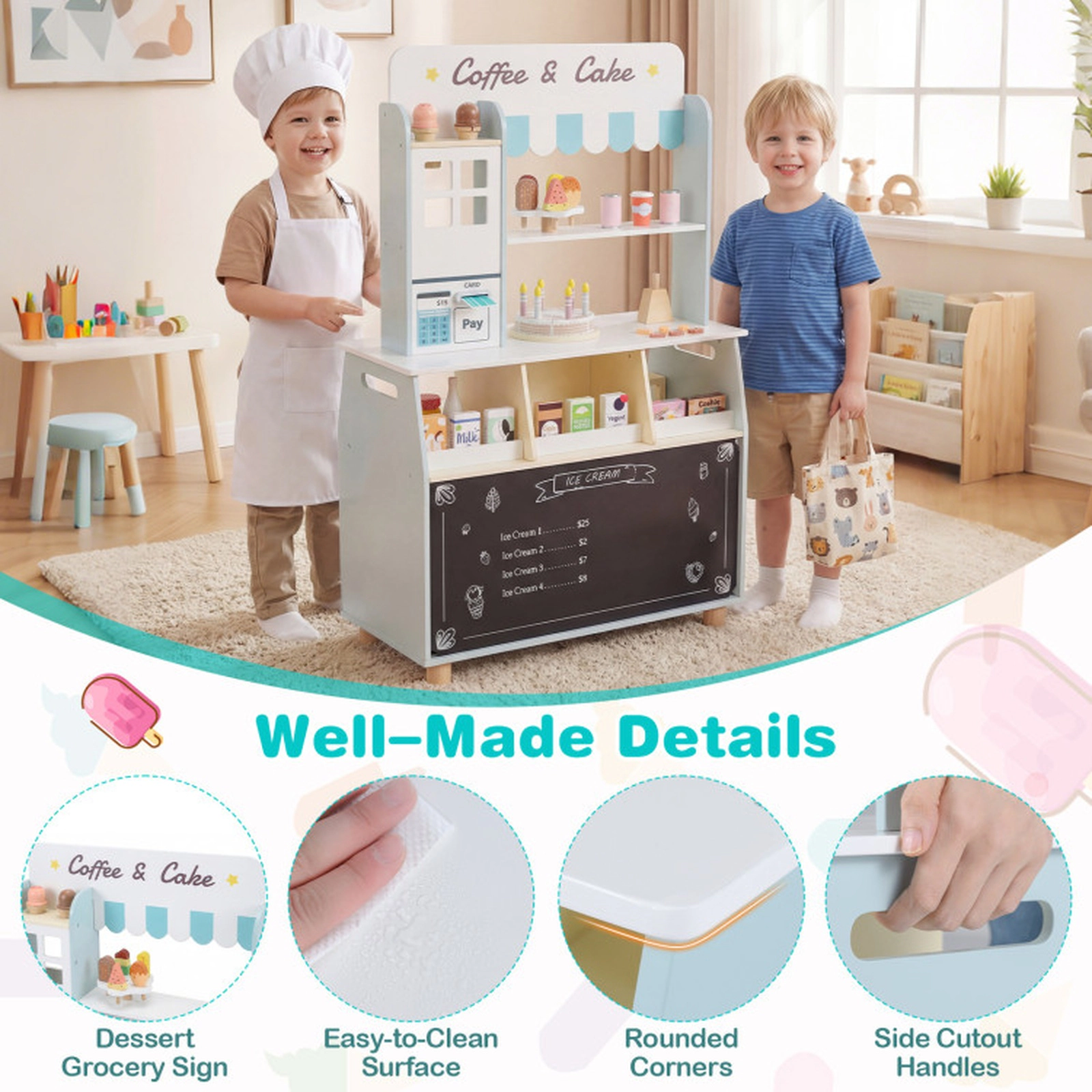 SUGIFT Blue 27 Accessories and Play Ice Cream Machine Kids Wooden Ice Cream Shop