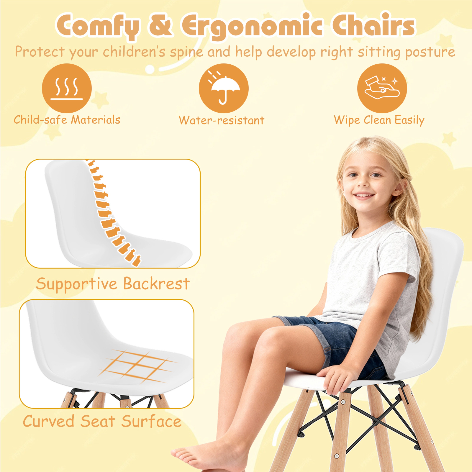 SUGIFT Kids Table and Chairs Set, 5-Piece Mid-Century Modern, Round 23.5-Inch Table, 4 Chairs