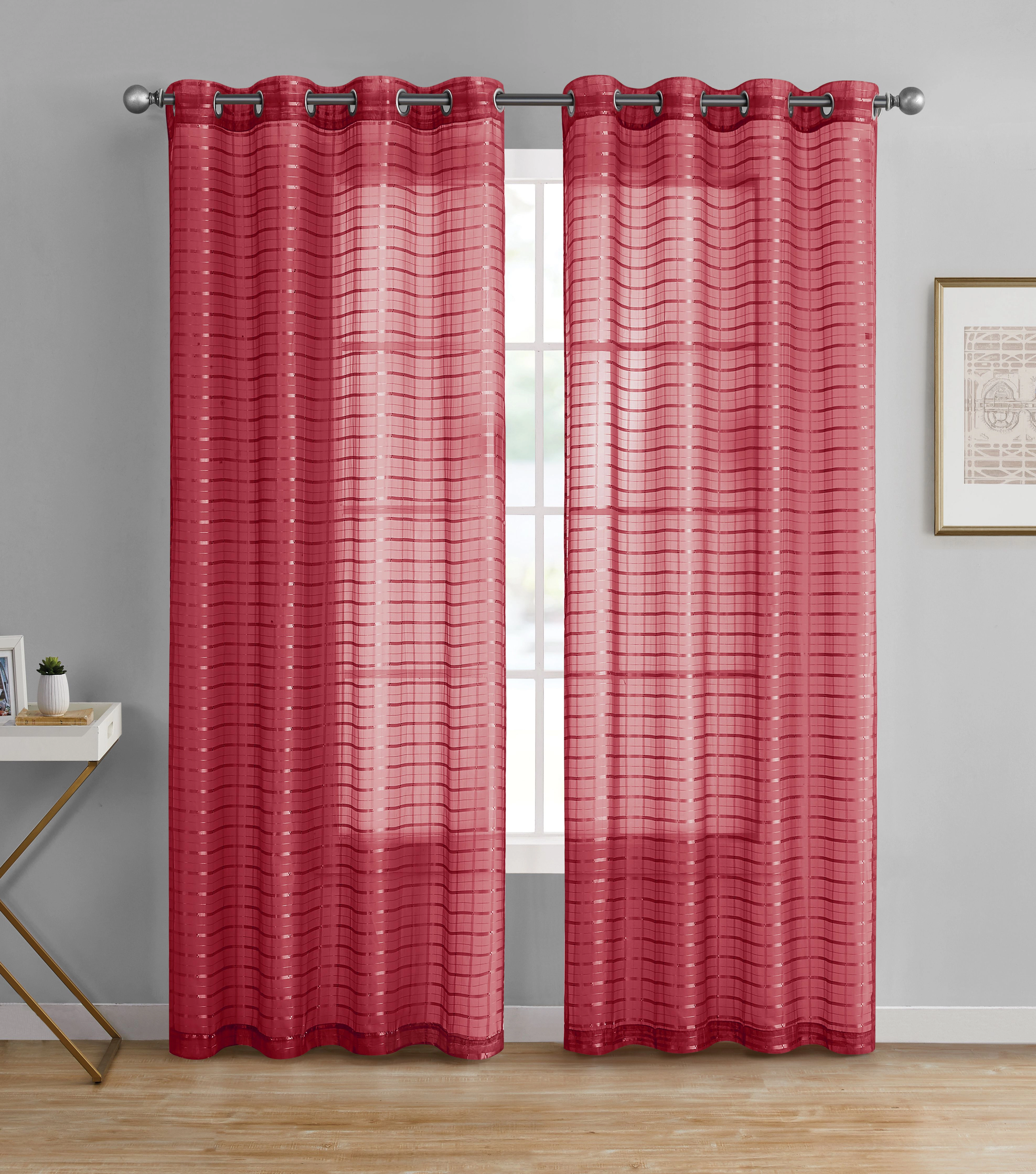 Kate Aurora 2 Piece Red Plaid Grommet Top Sheer Window Curtain Panels - 84 in. Long