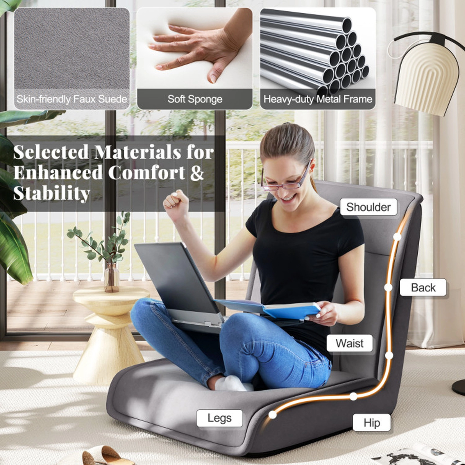 SUGIFT 14-Position Recline 5-Position Headrest Faux Suede Folding Floor Chair 56.5-in x 25-in 330-lb Capacity Gray
